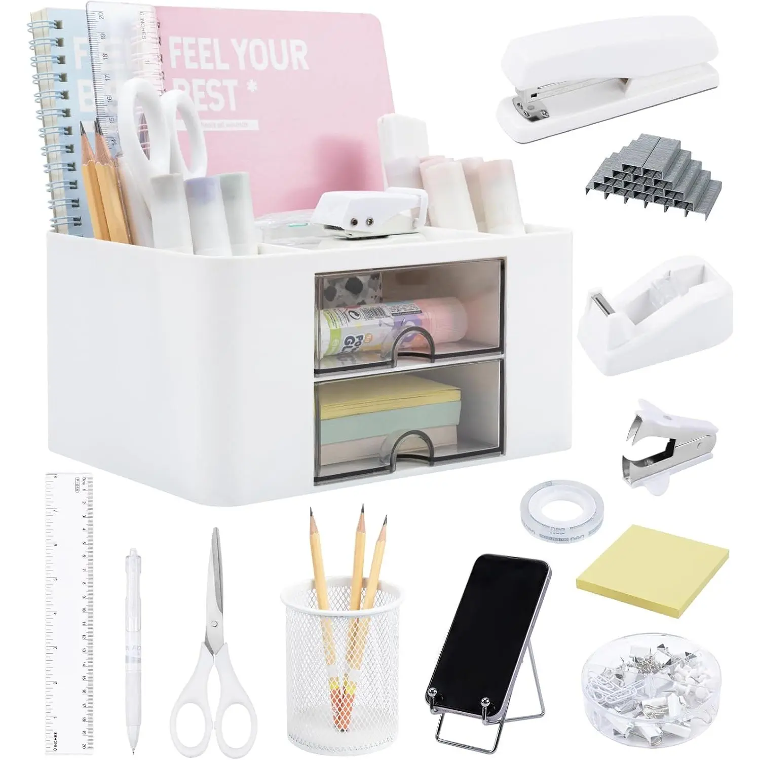 13-Pieces Multi-Compartment White Desk Organizer & Accessories Set, Office Stationery for Clutter Control with 2 Drawers, Stapler, 1000 Staples, Phone Holder, Tape Dispenser, Sticky Notes, Clips, Ruler (Supports Desk Organization), Desk Accessories, Organ