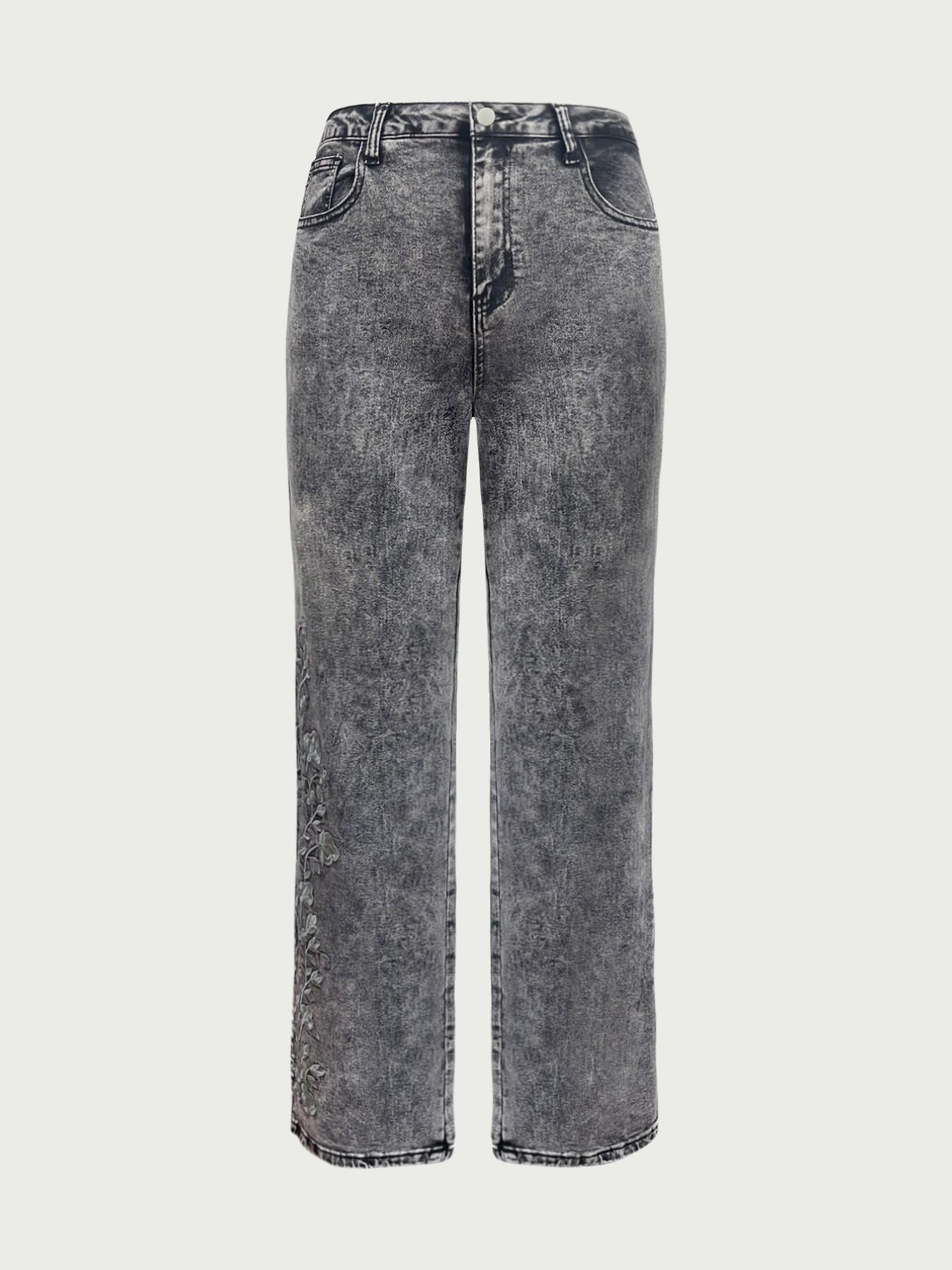 Women's Denim Jeans Embroidered Loose Fit Elastic Straight Leg Pants Fashion High Street Trendy Long Jeans