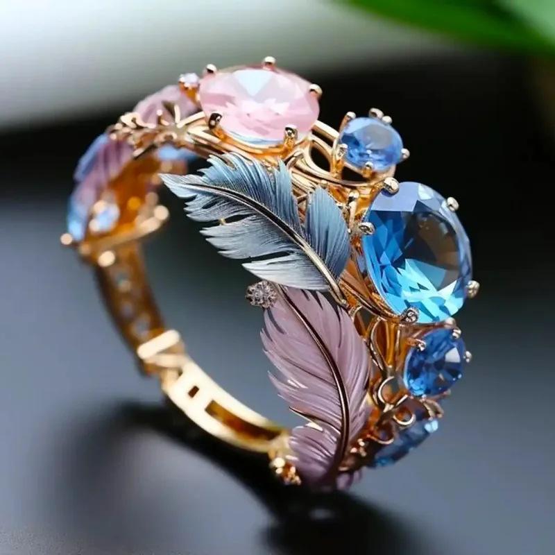 Embossed Colorful Feather Ring, Unique Exquisite High‑End Statement Jewelry