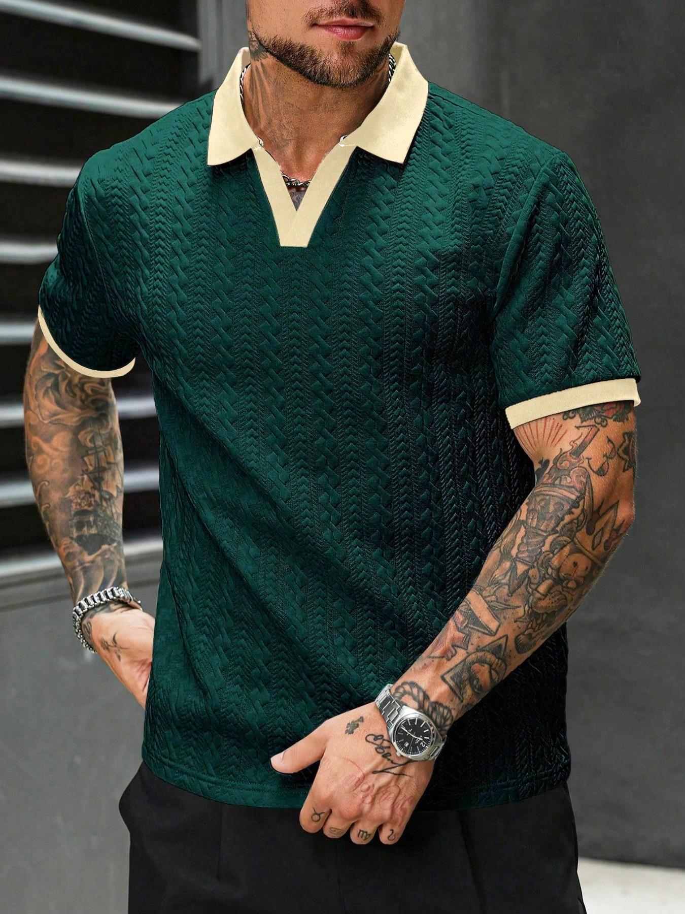 Men's Retro Colorblock Polo Shirt, Textured V Neck Short Sleeve Top, Casual Street Style, Summer Fashion, Fitted Leisurewear