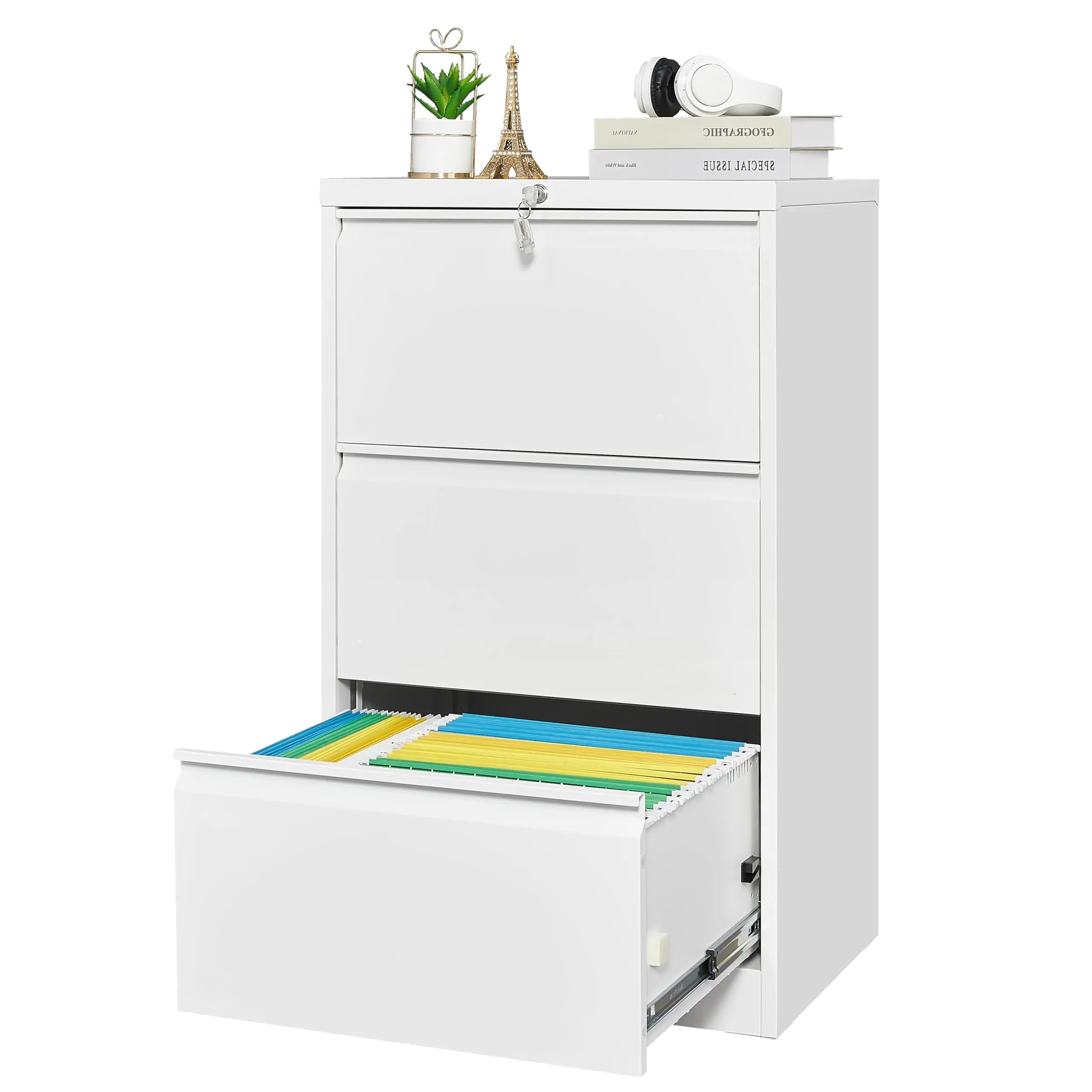 3 Drawer Lateral File Cabinet with Lock, White Metal Filing Cabinet, Horizontal Locked Wide Drawer File Cabinets for Office Home