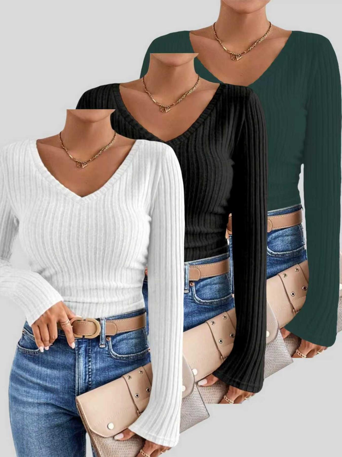 New Women's Fall Winter Solid V-Neck Long Sleeve T-Shirt Set of Three, Stylish, Casual and Comfortable for Daily Wear