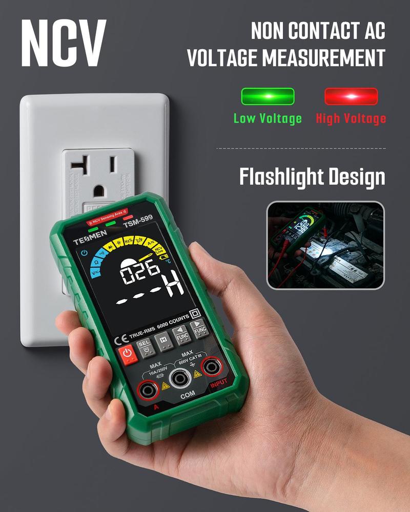 TESMEN TSM-599 Smart Multimeter, 6000 Counts, DC/AC Voltage & Current, Non-Contact Voltage Detection, Measures Resistance, Continuity, Capacitance, Frequency, Temperature, and Live Wire Testing