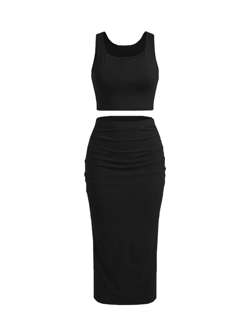 2-Piece Breathable Stretchy Sexy Sporty Casual Slim Fit Knit Crop Sleeveless Tank Top & High-Waisted Skirt Set for Beach, Vacation and Date, Street Style Womenswear