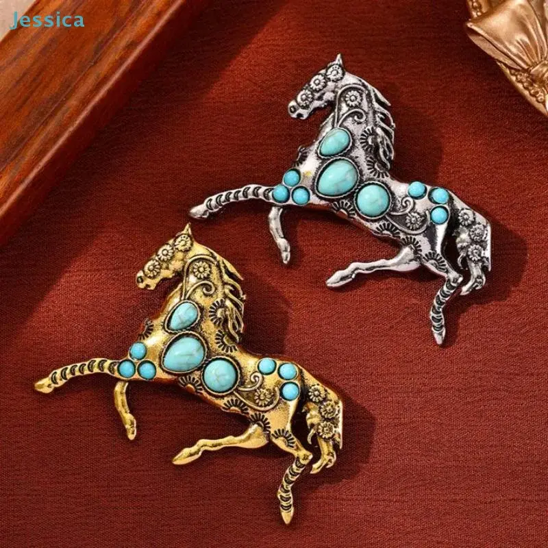 Vintage Horse Brooch Set with Turquoise Accents – Western-Inspired Animal Pin for Jackets, Scarves & Hats