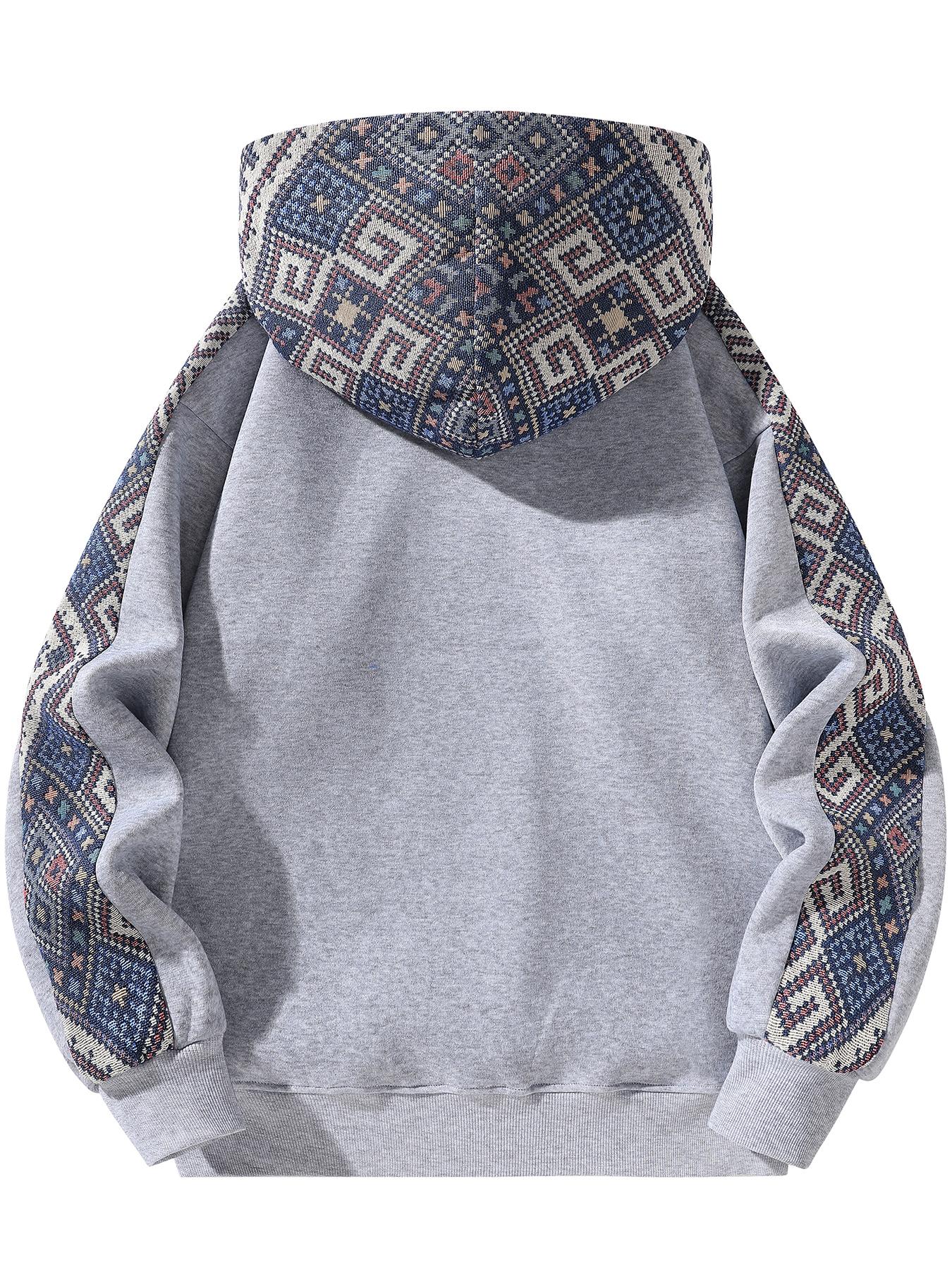 Unisex Retro Ethnic Patchwork Half Zip Hoodie, Casual Comfy Regular Fit Long Sleeve Pullover for Fall & Winter Daily Wear, Casual Fashion Ethnic Pattern Sweatshirt