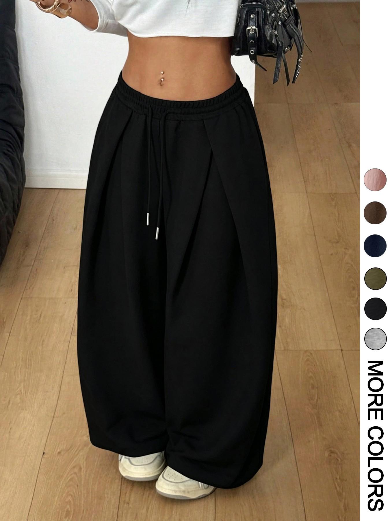 Women Elastic Waist Cuffed Jogger Pants, High Waist Baggy Wide Leg Sweatpants With Drawstring Ankle, Casual Streetwear for Lounging Daily Going Out