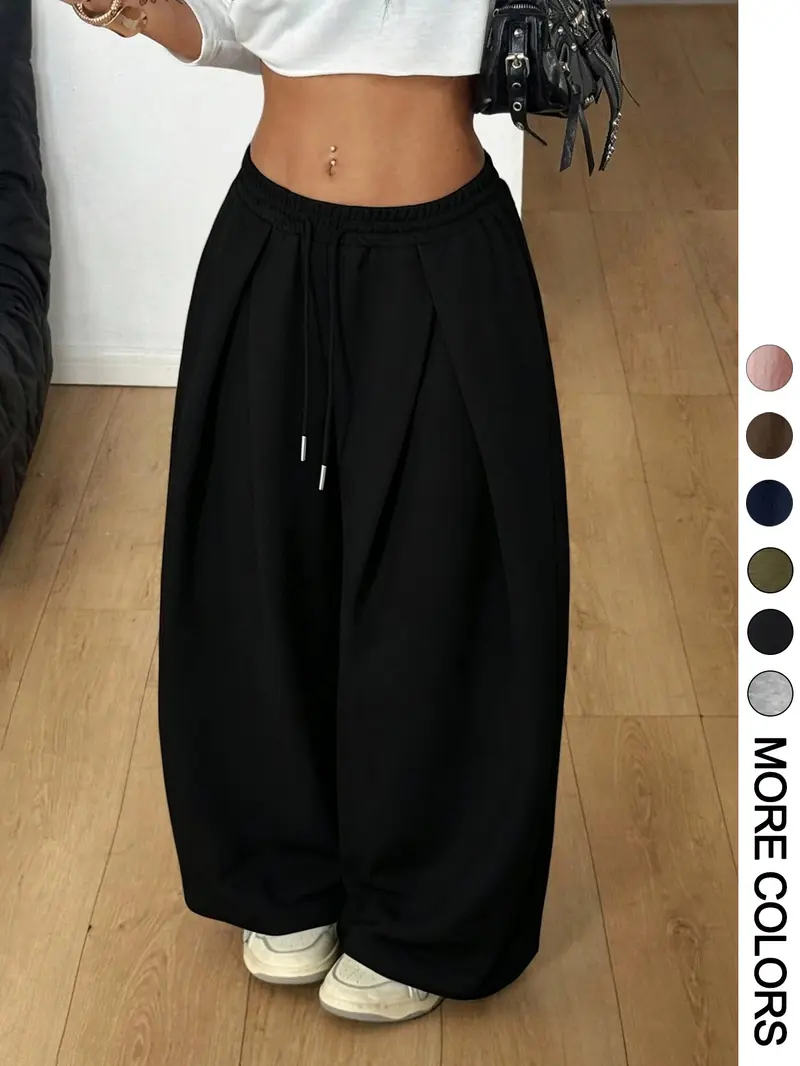 Women Elastic Waist Cuffed Jogger Pants, High Waist Baggy Wide Leg Sweatpants With Drawstring Ankle, Casual Streetwear for Lounging Daily Going Out