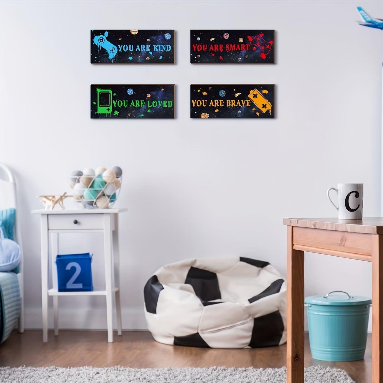 2D Flat 4-Piece Game Decor Set Wooden Wall Art Decoration for Boys, Gaming-Themed Inspirational, Controller and Gamepad Hanging Signs for Kids Rooms