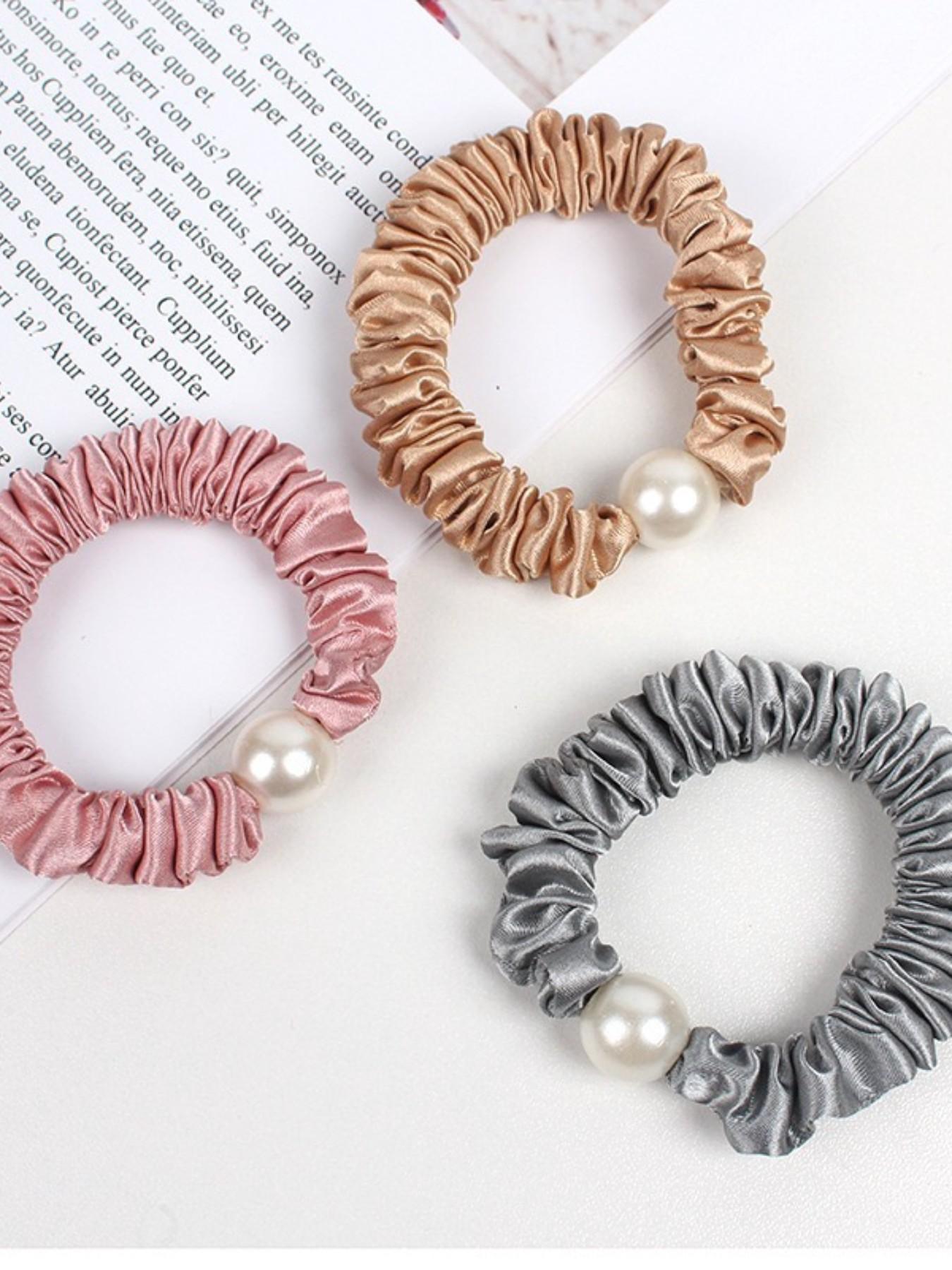 KatchMe Gift, Elegant Satin Faux Pearl Hair Tie (Surprise Color) 1 Piece, Elastic Hair Band for Women, Gentle on Hair, Hair Accessories