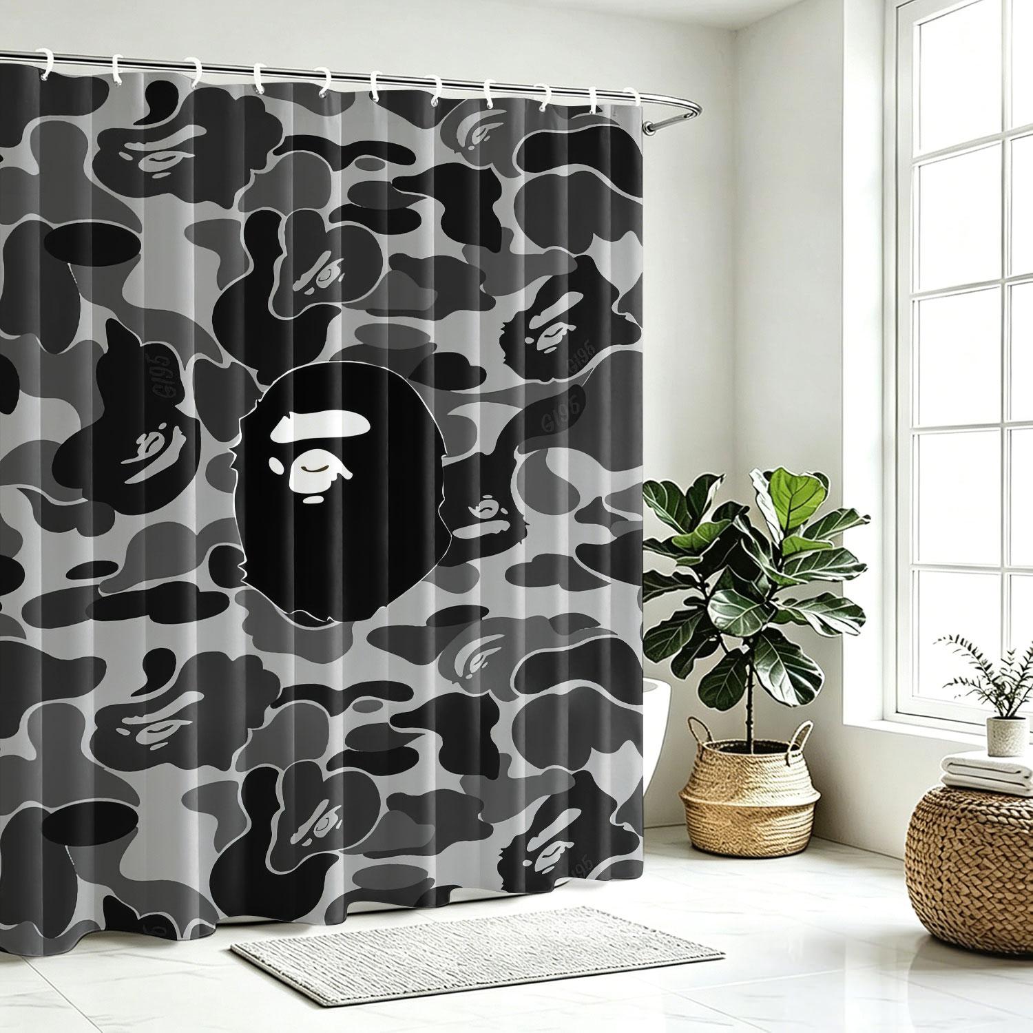 Waterproof Fabric Decorative Shower Curtain With Hooks, Featuring A Camouflage Ape Head Print. Made Of Waterproof And Mildew-Resistant Polyester/Peva, Suitable For Bathroom Decoration For Teenagers And Children. Machine Washable Bathroom Shower Curtains.