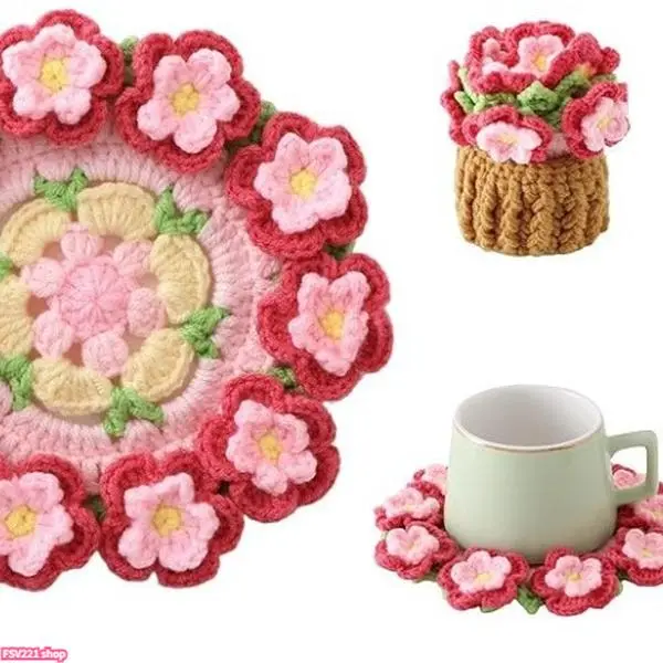 Handmade Crochet Flower Bouquet Decorative Coaster Set - 2026 Yarn-Knitted Table Cup Mats, Creative Crafts Accessory, Mom Birthday Gift, Decorative Accessory, Mom Birthday Gifts, Kitchen Coasters, Drink Holder, Room Decor, Mother’s Day, Synthetic, Basic