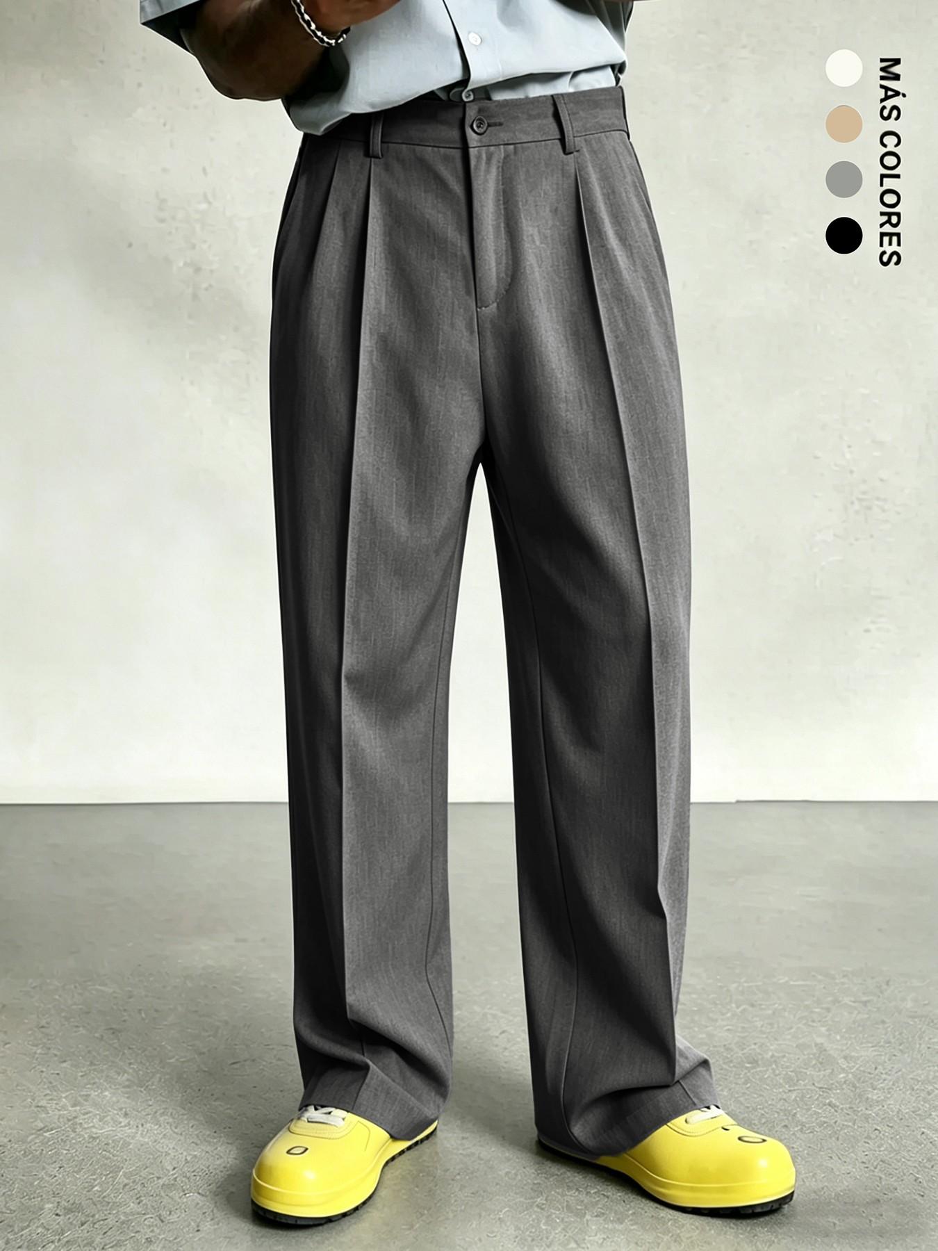 Men's Pleated Wide Leg Suit Pants, Formal Wear, Casual Loose Fit, Business & Street Style, Mid Waist, Drawstring Waist, Adjustable Pants, All Seasons