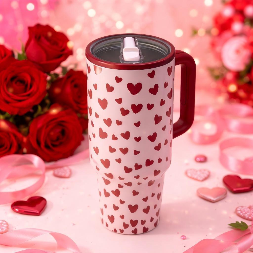 40oz Valentine Insulated with Heart Pattern, Double Wall Vacuum Stainless Steel Design for Long Lasting Hot and Cold Drinks, Leak Proof Lid, Large Capacity Gift Mug for Women Men Lovers Holiday Celebration, Vacuum Insulated Flask