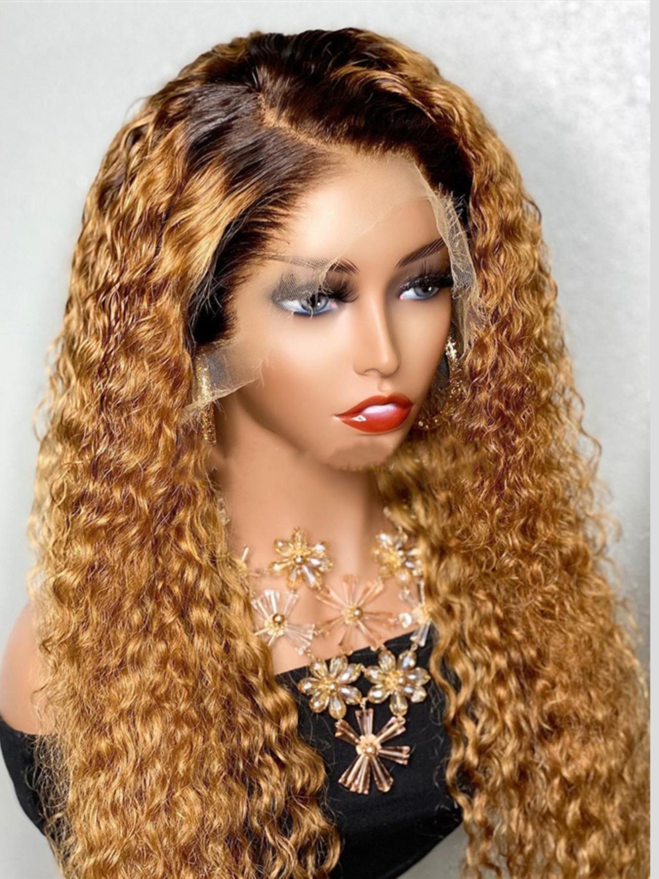 Ombre Honey Blonde Soft Long 26 Inch 180 Density Natural Kinky Curly Front Lace Wig, Glueless Heat Resistant Synthetic Hair, Daily Wear Pre-plucked