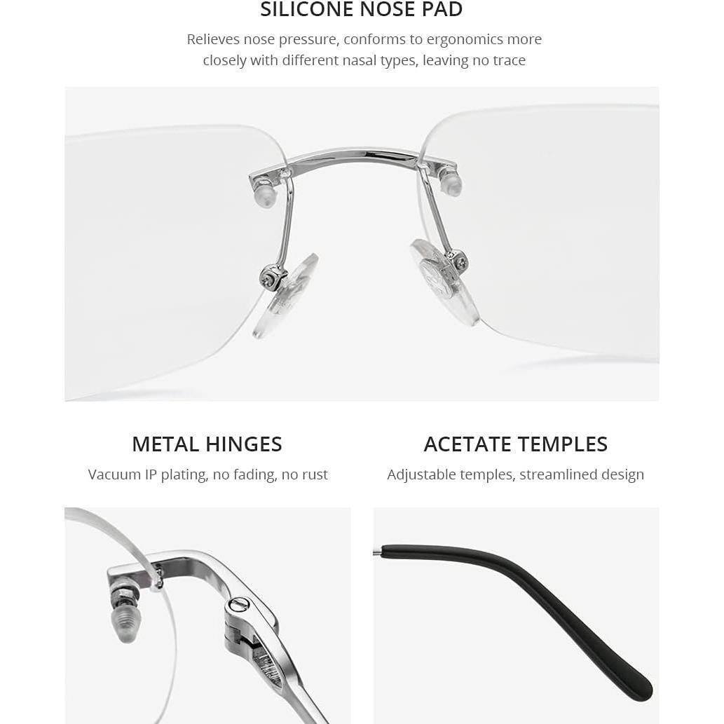 Style Rimless Rectangular Metal Eyeglasses for Men, Frameless Square Optical Glasses Frame