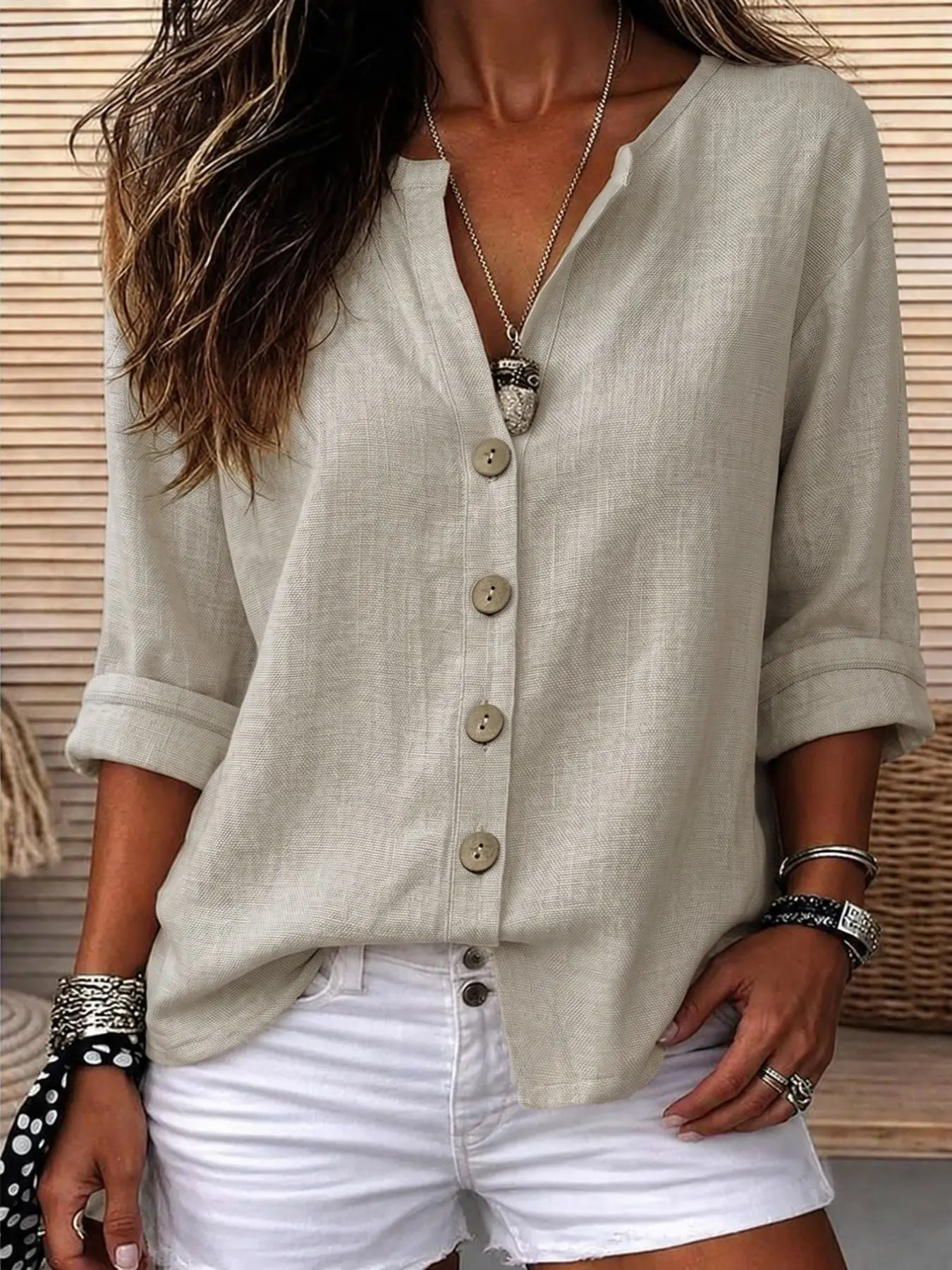 Women's Summer Blouse, Casual Versatile Loose-Fit Three-Quarter Sleeve Button Front Top for Vacation & Daily Wear, Solid Color, Comfortable & Stylish Clothes