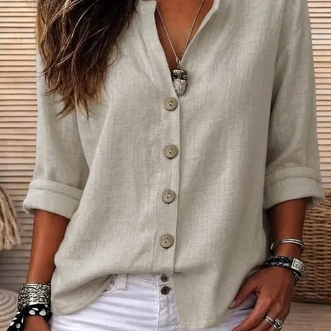Summer Lightweight Shirt Blouse Button, Casual Basic Rolled Sleeve, Loose Fit Slimming, Versatile Vacation Top, Plain Color, Comfortable & Stylish, Blouses Shirts Tops