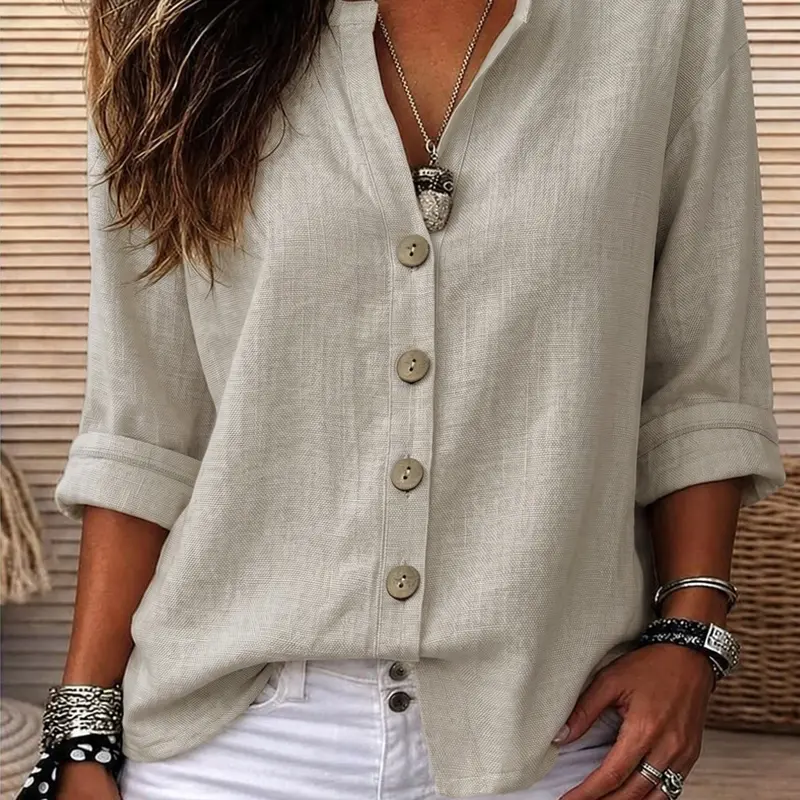 Summer Lightweight Shirt Blouse Button, Casual Basic Rolled Sleeve, Loose Fit Slimming, Versatile Vacation Top, Plain Color, Comfortable & Stylish, Blouses Shirts Tops