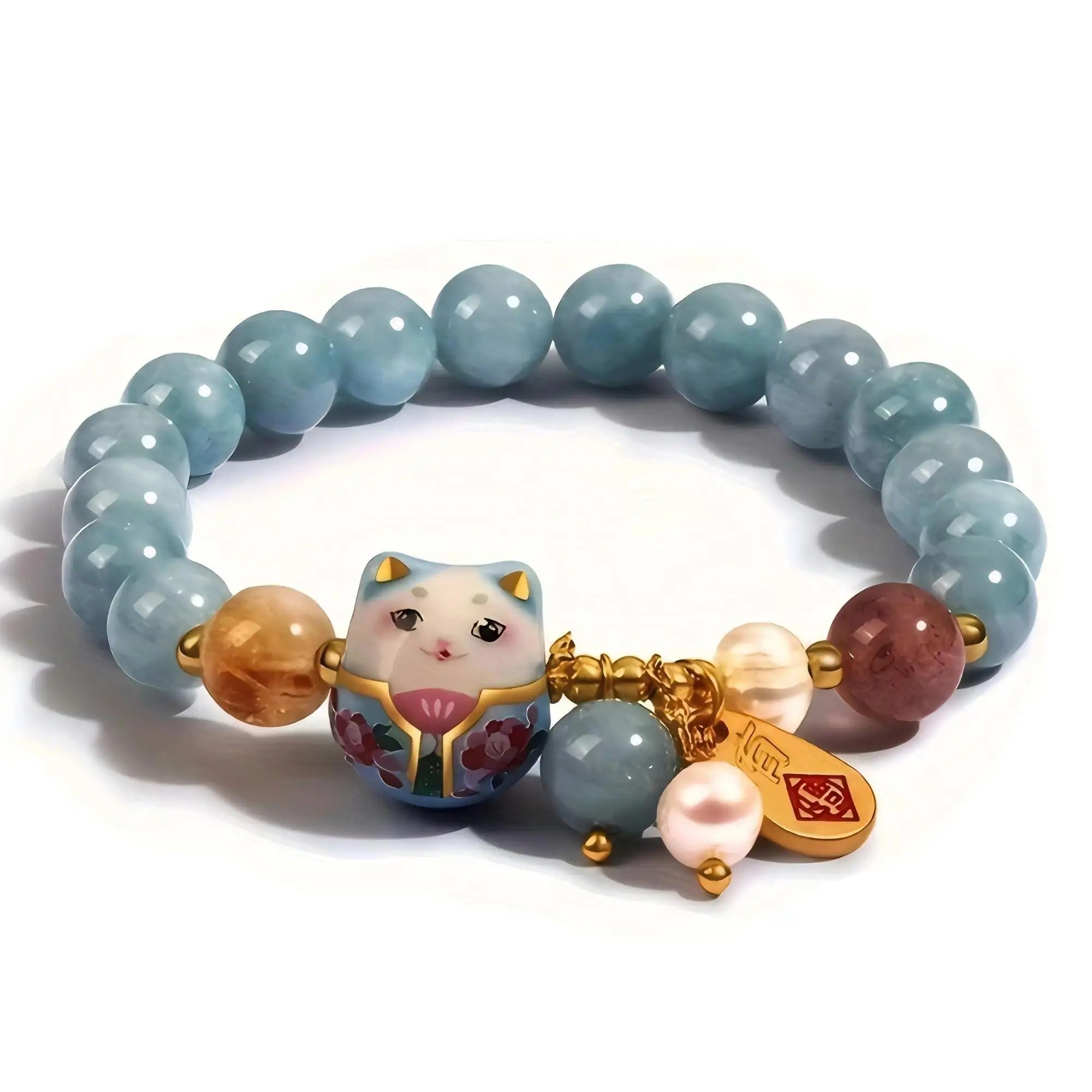 Women's Elegant Blue Crystal Bead Bracelet - 5.9" Length, Ceramic Lucky Cat Pendant, Auspicious Feng Shui Protection Jewelry for Daily Wear & Gifting