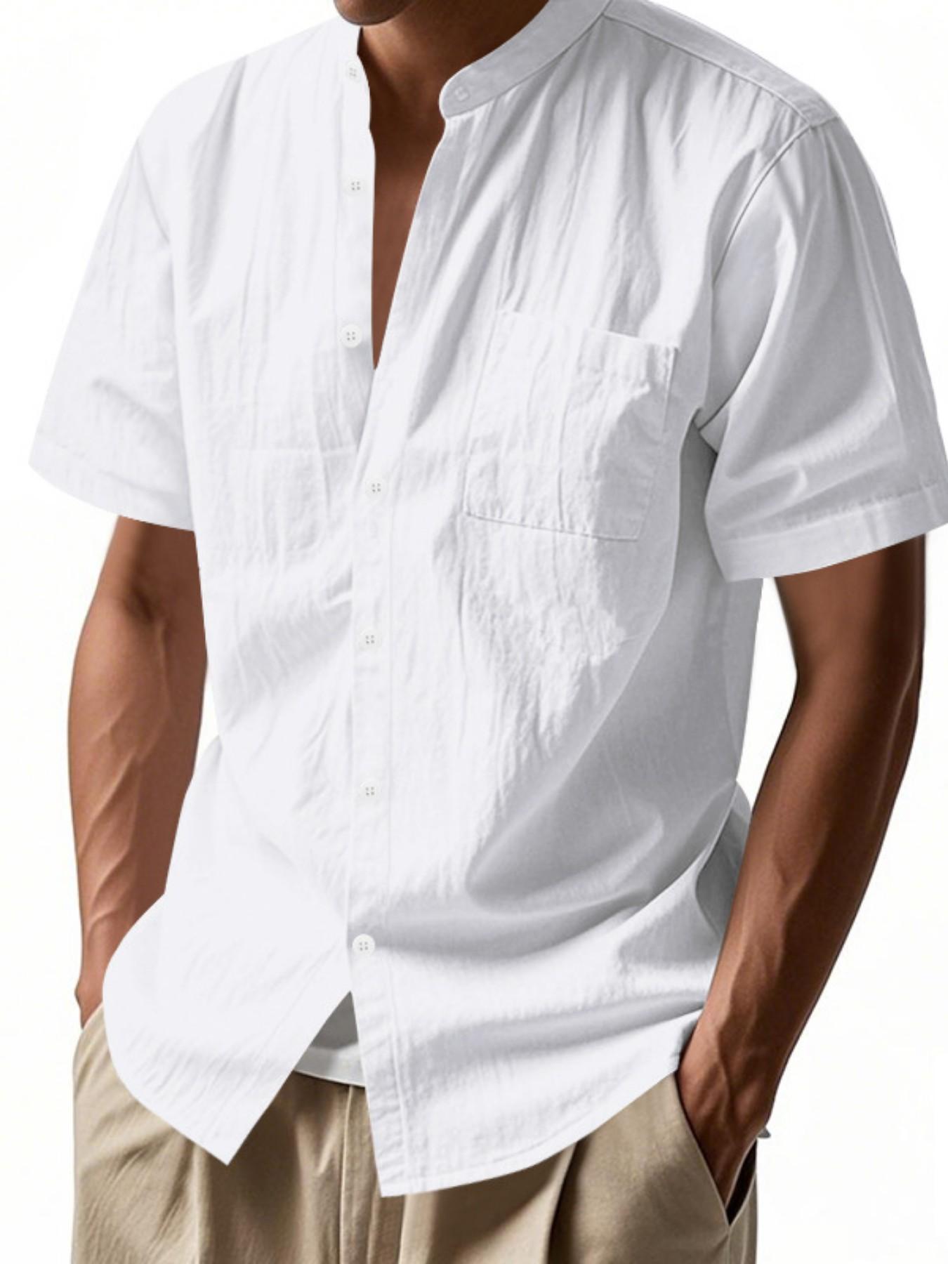 Men's Stand Collar Short Sleeve Shirt, Textured Half Button Front Chest Pocket Top, Breathable Casual Business Versatile Blouse