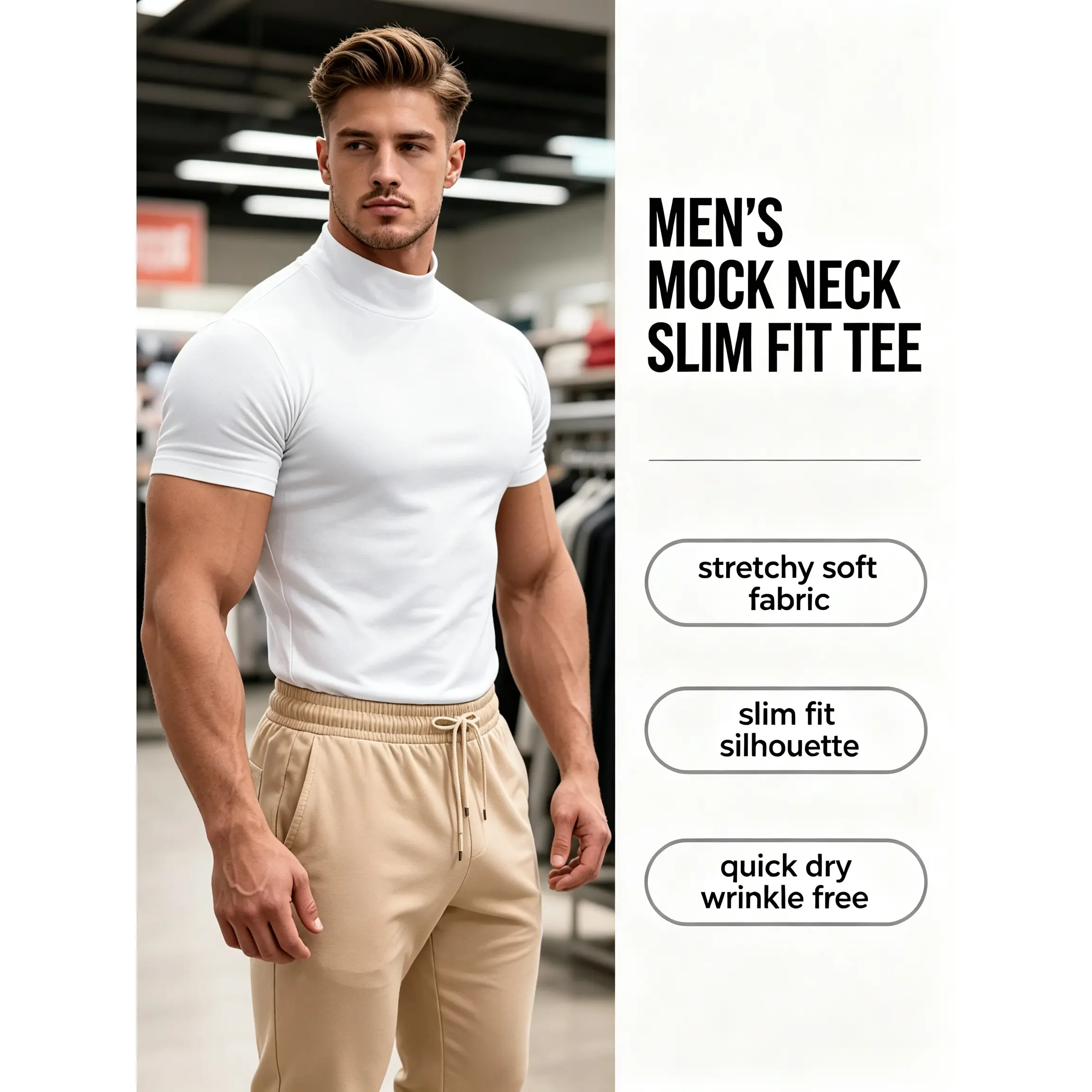 Men's Short Sleeve Mock Neck T-Shirt, Slim Fitted Stretch Solid Basic Tee for Athletic Daily Business Casual Wear, Breathable Quick Dry 200g Cotton-Like Knit Undershirt Tops for Summer