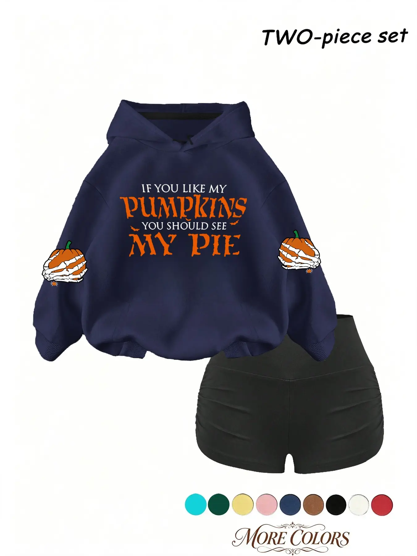 Halloween Pumpkin Letter Hoodie Shorts Set, Loose-Fitting Sweatshirt with Drawstring Hat, Multiple Colors Available, Fall Party Style