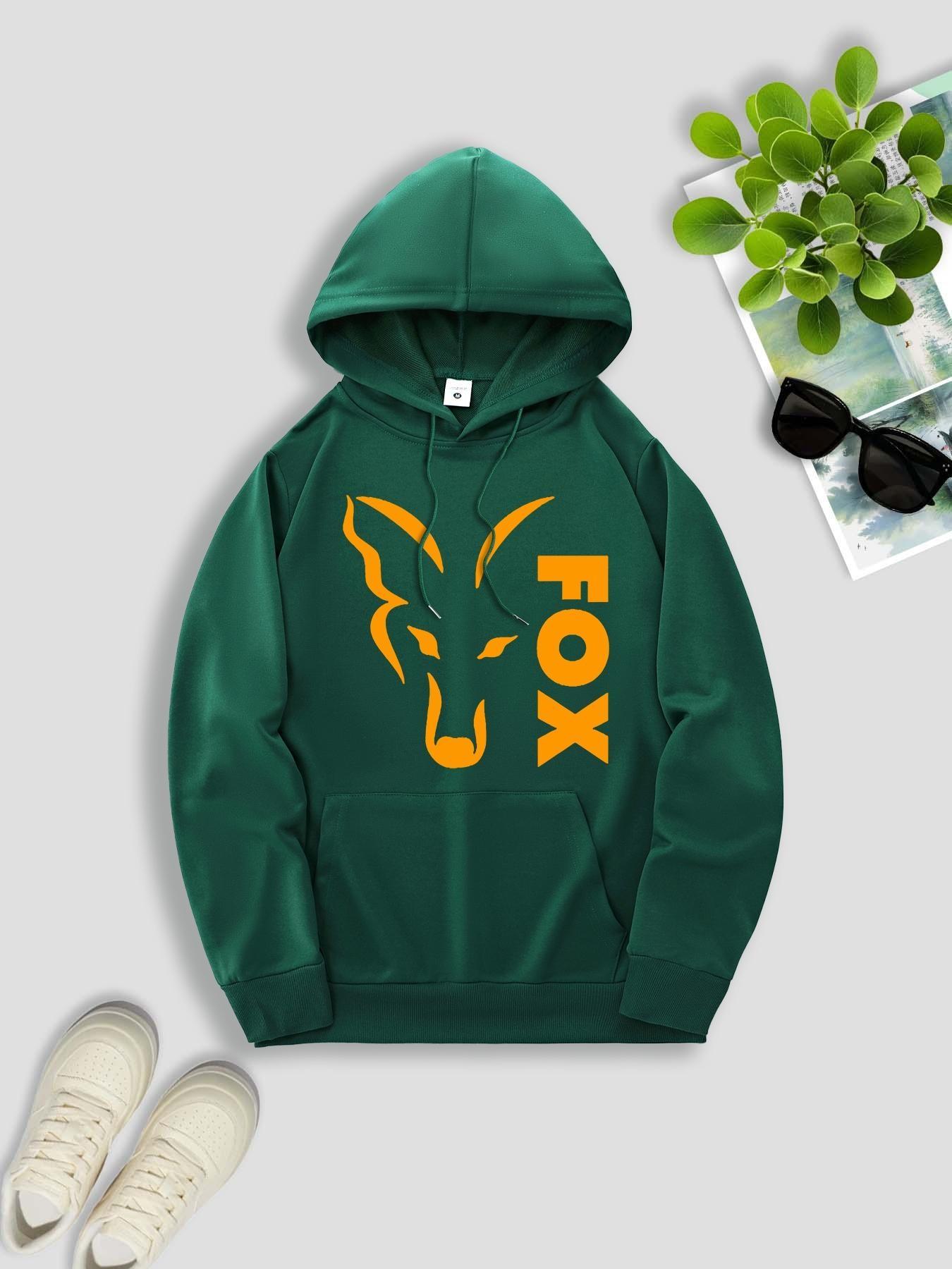 Men's Fall Winter American Streetwear Fox Print Hooded Fleece Sweatshirt, Versatile Sportswear Casual Loose Fit Hoodie