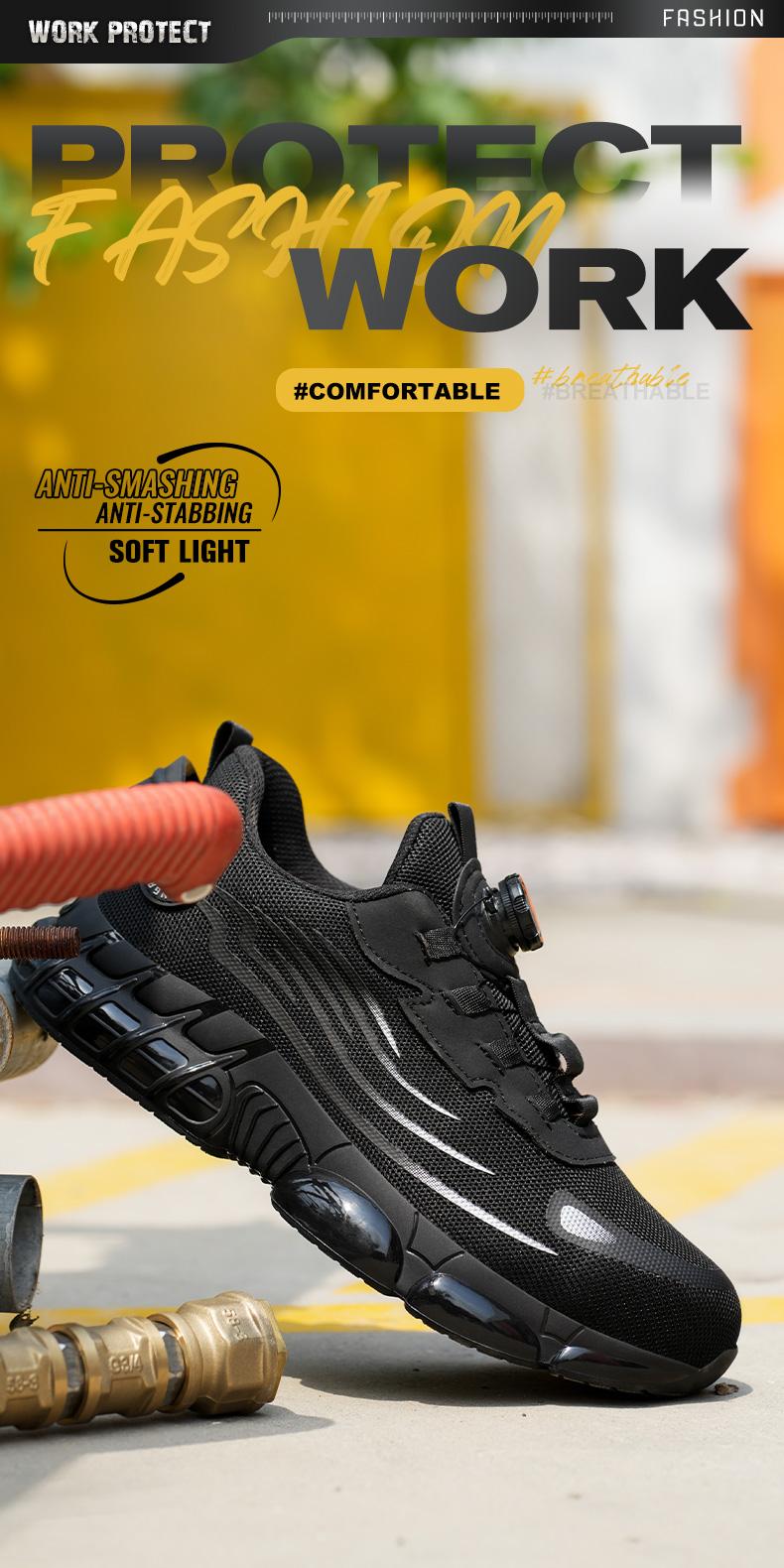 QINGRUIPAI Men's Breathable Mesh Work Sneakers Durable Anti-Slip Safety Shoes with Steel Toe Protection Comfort Fit for All Seasons Casual Striped Design Elastic Closure Non-Slip EVA Sole Outdoorfun Fathersdaygift