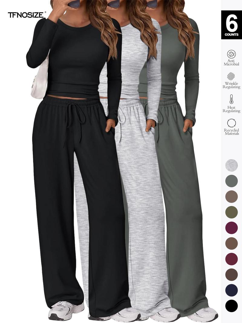 Women's 2-Piece Matching Lounge Set, Long Sleeve Slightly Cropped Top & Wide Leg Pants, Casual Sweatsuit for Fall & Winter