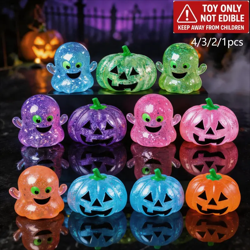 1/2/3/4-piece set of Halloween-themed toys: pumpkin and ghost squishy toys, sensory finger toys for children, Squishy sensory play, classroom rewards, back-to-school gifts, office stress-relief toys, party favours, and mini gifts for birthdays and festive