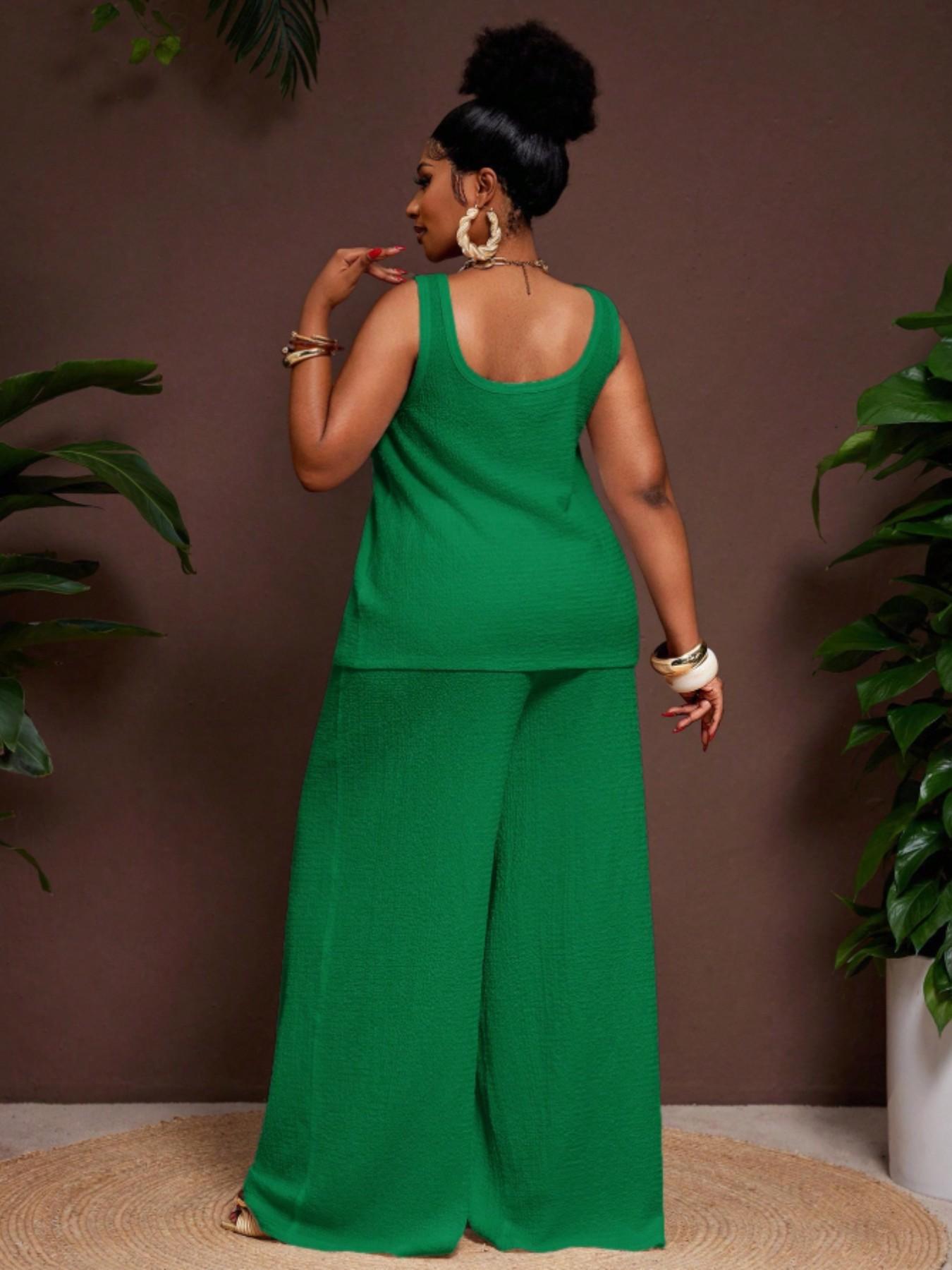 Women's Plus Size Womenswear Fashion Business Casual Vacation 2-Piece Set, Comfortable U-Neck Sleeveless Top with Pockets, Loose Fit Wide Leg Pants Clothes