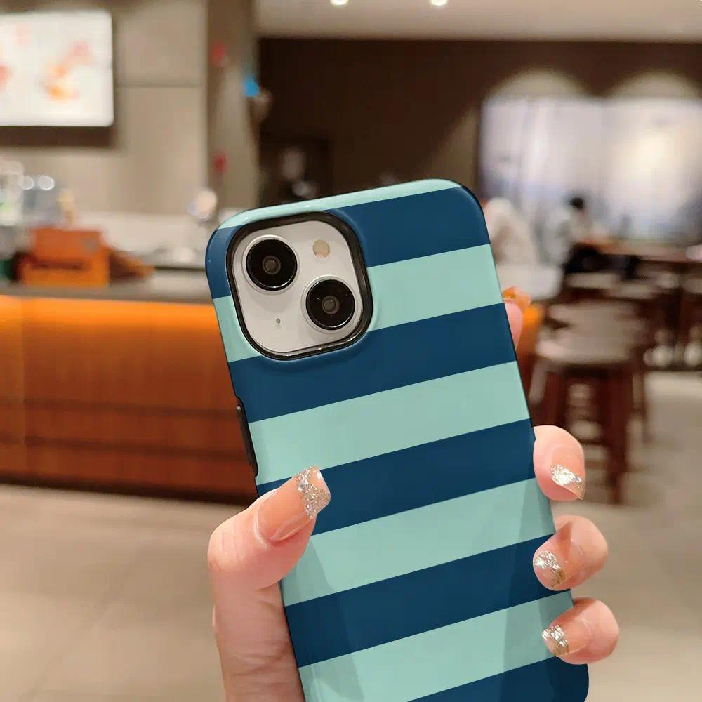 Vintage Fantasy Teal-Navy Horizontal Stripe 2-in-1 Glossy Film Silicone Phone Case - Multi-Model Shockproof Anti-Scratch TPU Cover for iPhone 17 Air E,16,15,14,13,12,11 Pro Max Plus & Samsung Galaxy S24 Plus,S25,S22+ Ultra FE Edge with Enhanced Protection
