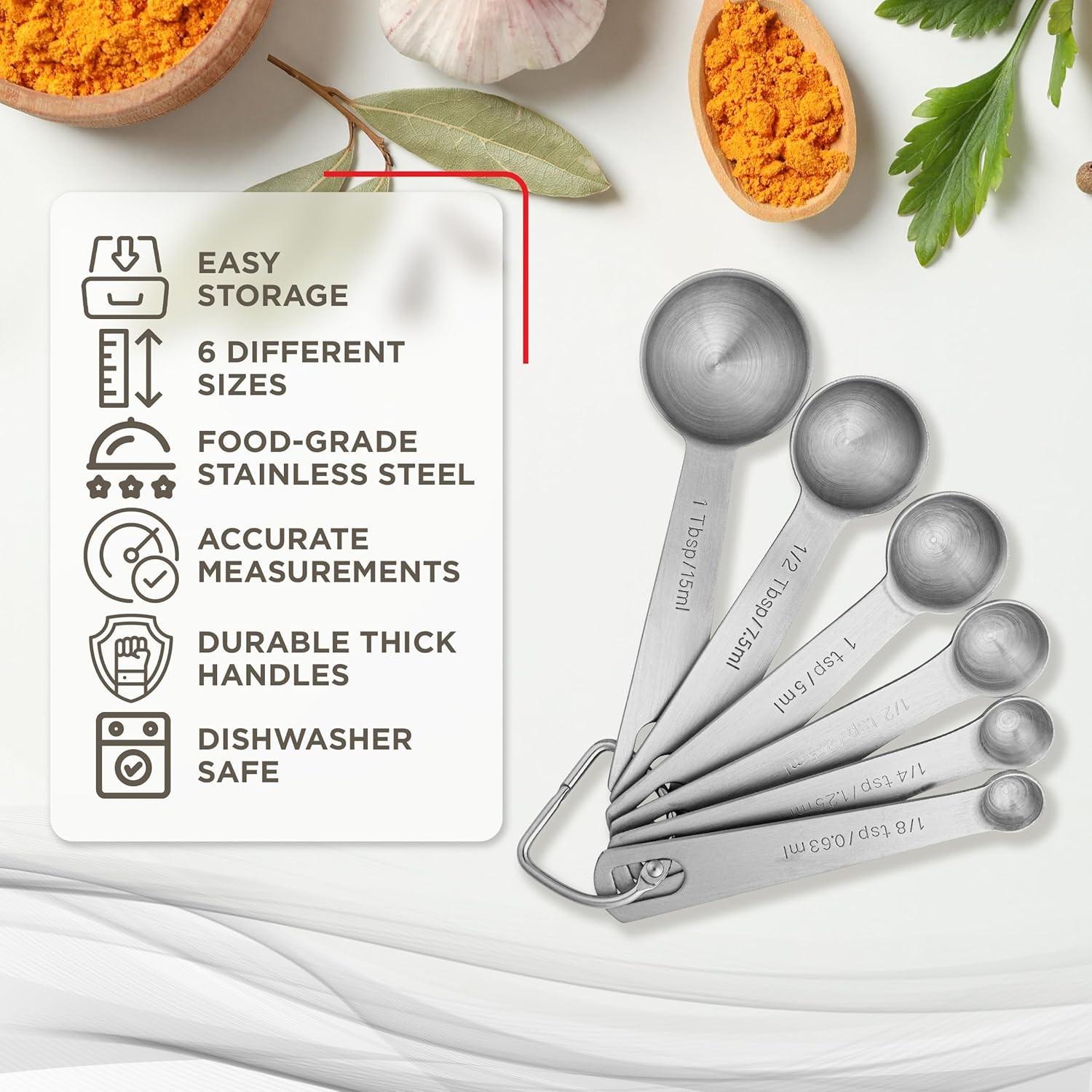 6 Piece Stainless Steel Measuring Spoons Set, Us and Metric Units, Detachable Ring, Dishwasher Safe, Includes 1tbsp, 1tsp, 1/2tbsp, 1/2tsp, 1/4tsp, 1/8tsp.Simplify your kitchen routine with measuring spoons that are dishwasher safe and quick to clean