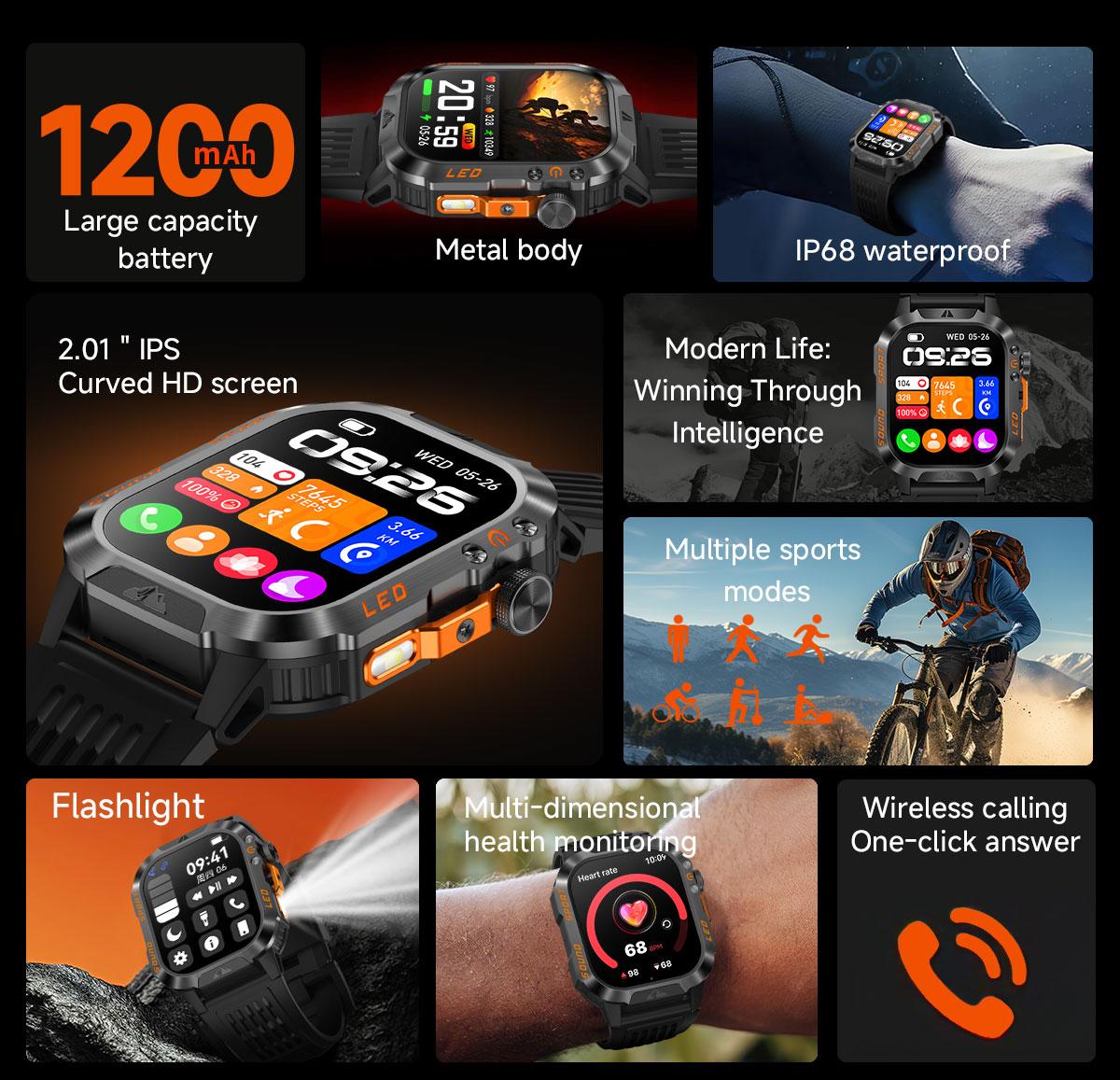 HT46 Outdoor Smart Watch Bluetooth Calling Heart Rate Sleep Blood Oxygen Monitor LED Light for Cycling Hiking Camping