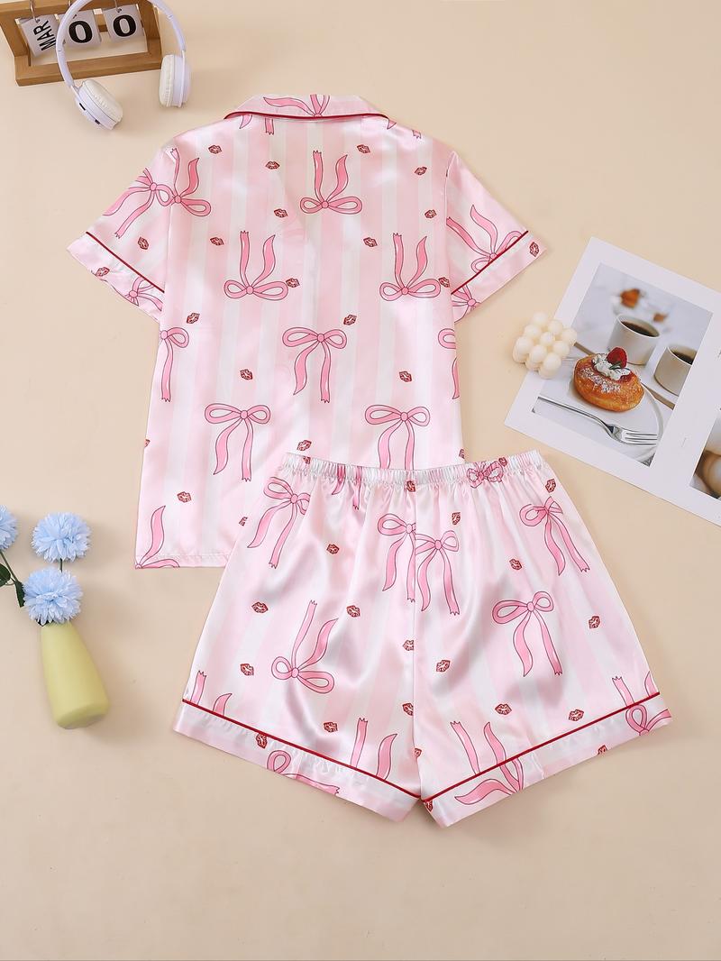 Women's Butterfly Print Sleepwear Set, Elegant Home Clothing for Valentine's Day, Shirt Collar Short Sleeve & Elastic Shorts