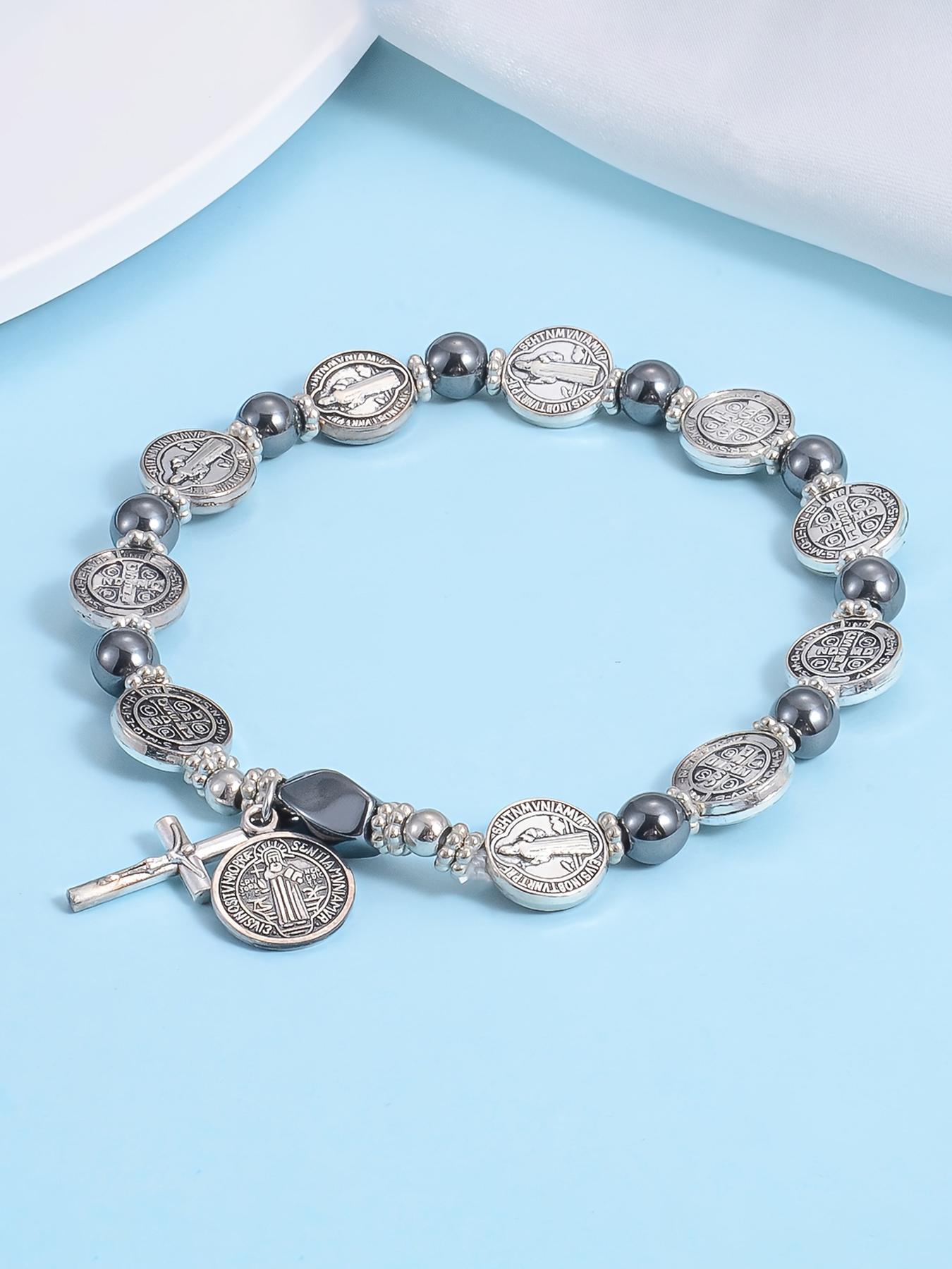 Vintage Agate Beaded Bracelet, Handmade Elastic String, Fashion Casual Unisex Jewelry, Cross Pendant Charm