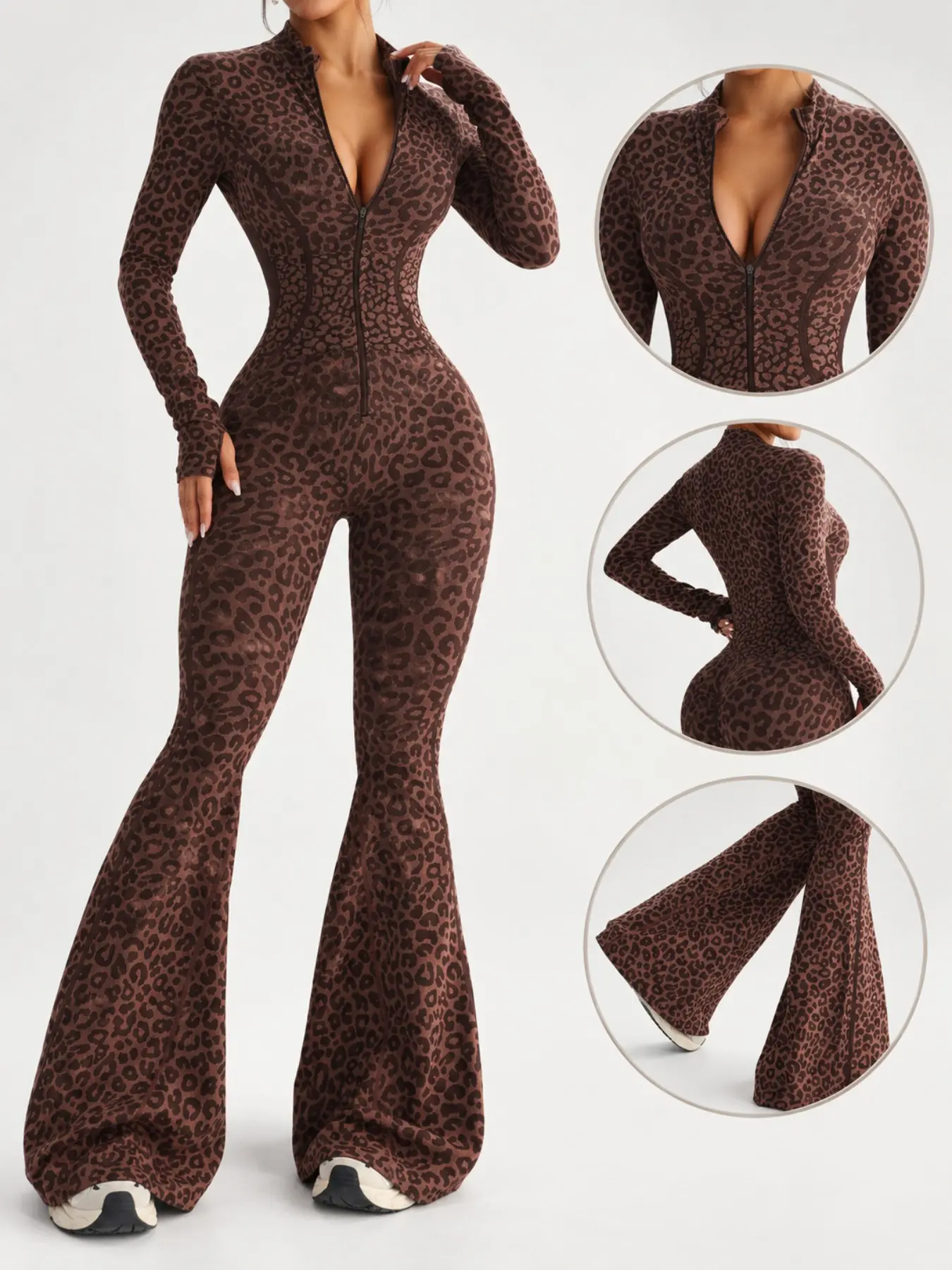 Women's Leopard Print Long Sleeve Zipper Flare Yoga Jumpsuit, Seamless Tummy Control Butt Lifting Workout Bodysuit, 4-Way Stretch Soft Slim Active Romper, Suitable for Gym, Pilates, Daily Casual Wear, All Seasons