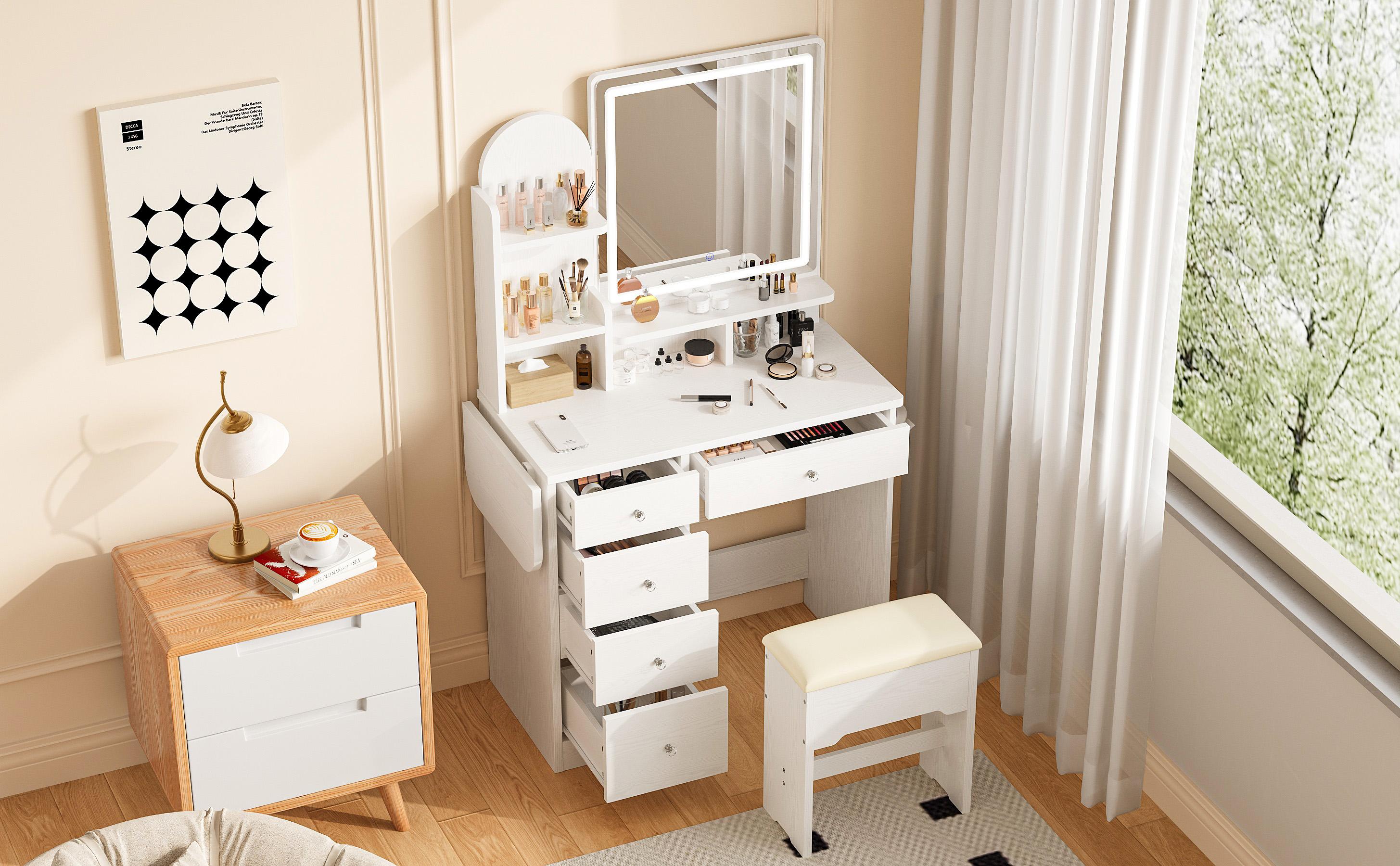 LIKIMIO Vanity Desk with Mirror & LED Light, Makeup Vanity Table with 5 Drawers, Power Outlet, and Vanity Stool, 3 Lighting Colors, Dressing Table for Bedroom