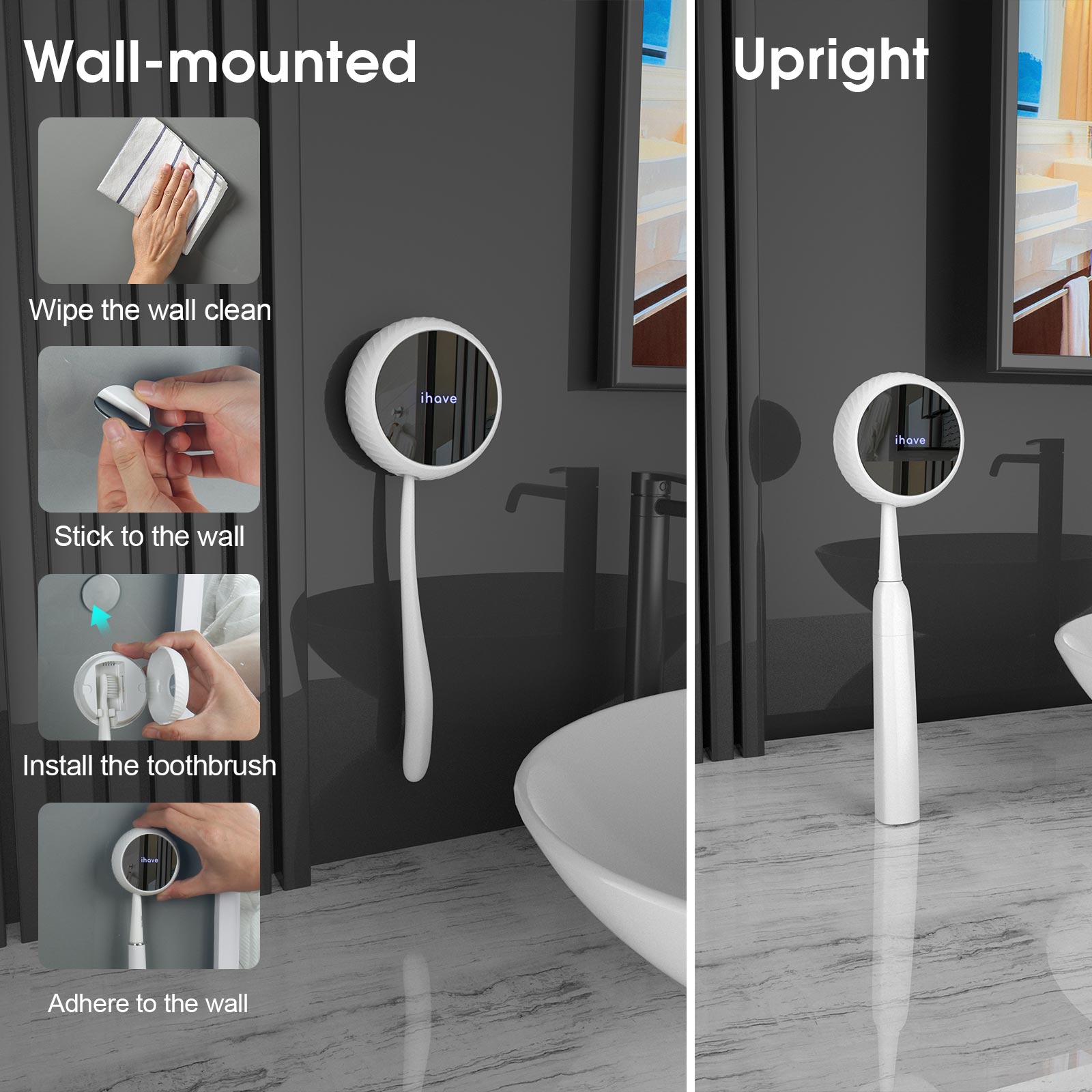 iHave Toothbrush Sanitizer – Wall-Mounted UV Toothbrush Holders for Bathrooms, Stylish Bathroom Accessories and Bathroom Decor for Home & RV, Travel Essentials, Cool Gadgets Black