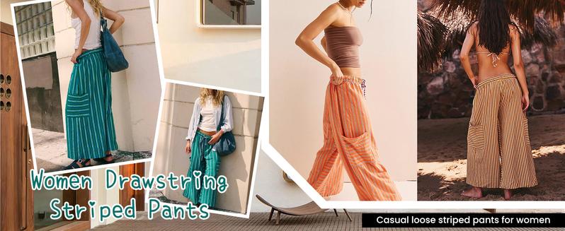 YeoKou Women  Drawstring Striped Pants Loose Wide Leg Lounge Pants Casual Palazzo Pants Trousers with Pockets Bottom Oversize