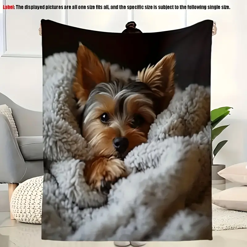 1pc - Blanket with cute puppy (Yorkshire Terrier) pattern print -- the image shows a dog wrapped in a plush blanket, giving an overall feeling of warmth and comfort.It is lightweight and soft, machine washable, and is a flannel throw blanket suitable for