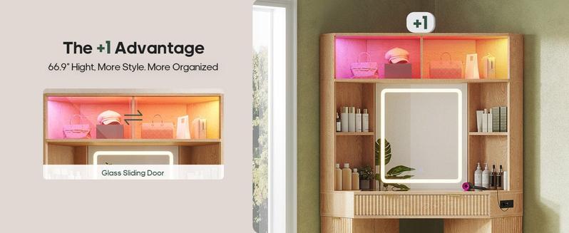 Sikaic Makeup Vanity with Sound Sync LED Lights and Glass Top Luxury Fluted Wooden Corner Vanity Desk with Mirror, Power Outlet, Shelves, Drawers and Cabinets