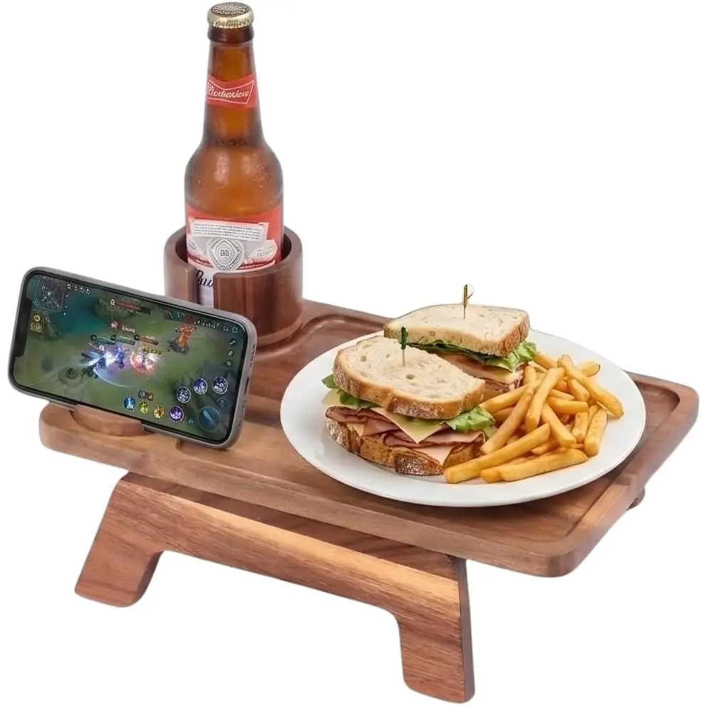 Couch Cup Holder Tray, 3-in-1   Sofa Arm Tray with 360° Rotating Phone Holder, Clip- Armrest Table for Drinks, Snacks, Remote & Tablet, Walnut Finish