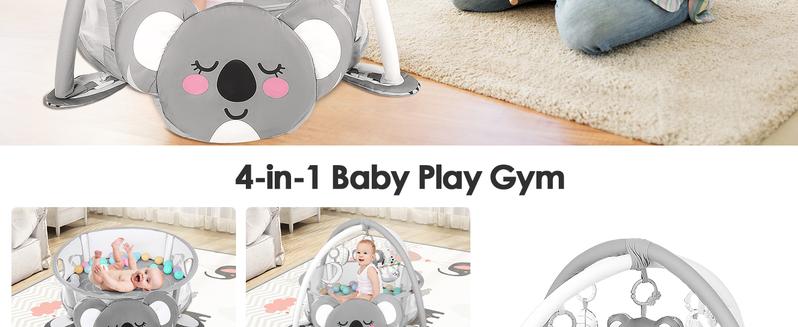 4-in-1 Baby Play Mat Baby Gym,Tummy Time Mat for Floor Activity Gym Ball Pit Including 30 Balls with 5 Infant Learning Sensory Baby Toys for Newborn Toddler Boy & Girl Gifts(Koala)