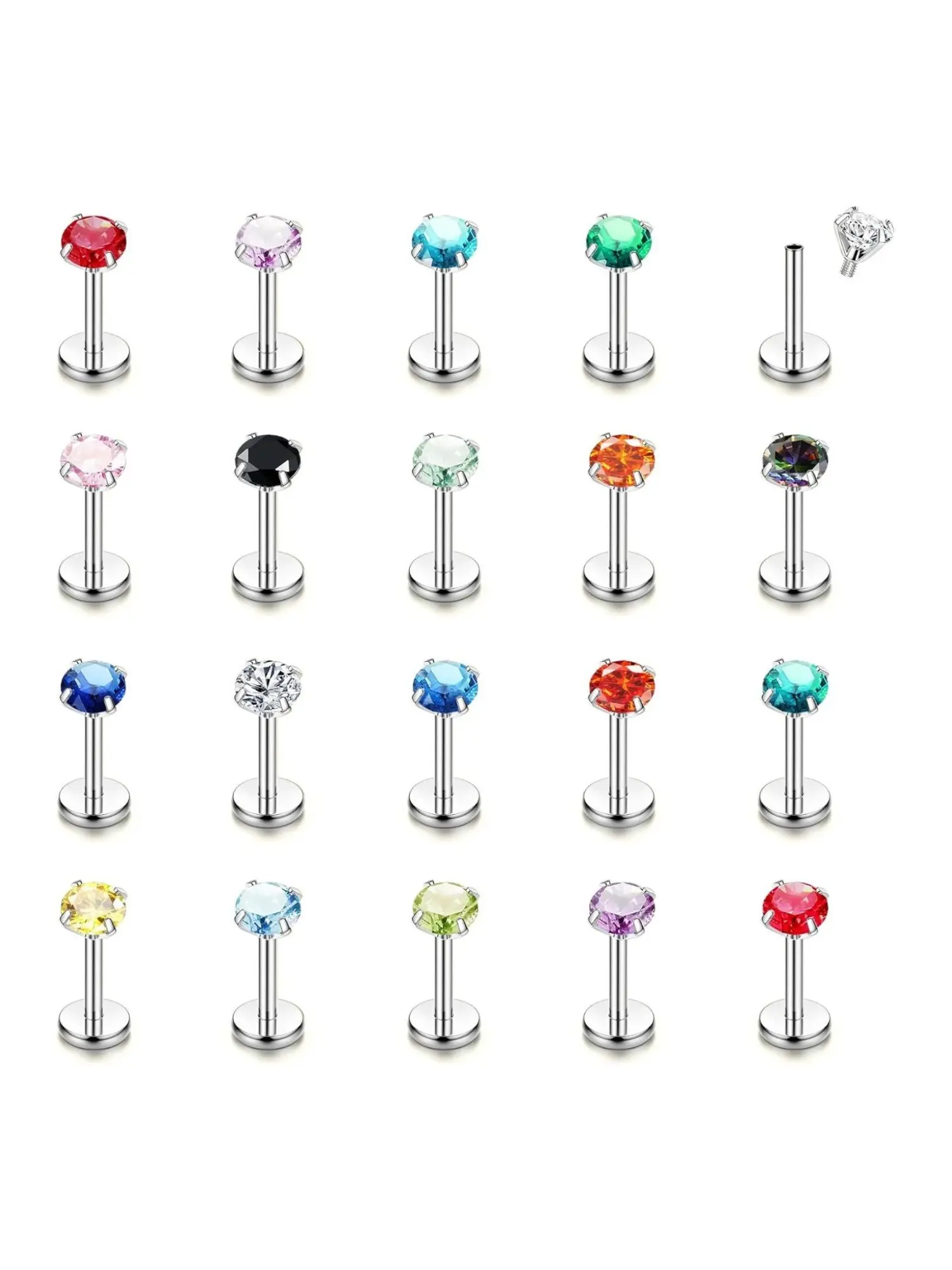 20 Pcs 16G Surgical Steel Labret Piercing with Colorful Zirconia 3MM Labret Studs Piercing Tragus Helix Cartilage Ear Piercing for Women Men Vertical Labret 6/8/10mm Body Piercing Jewelry