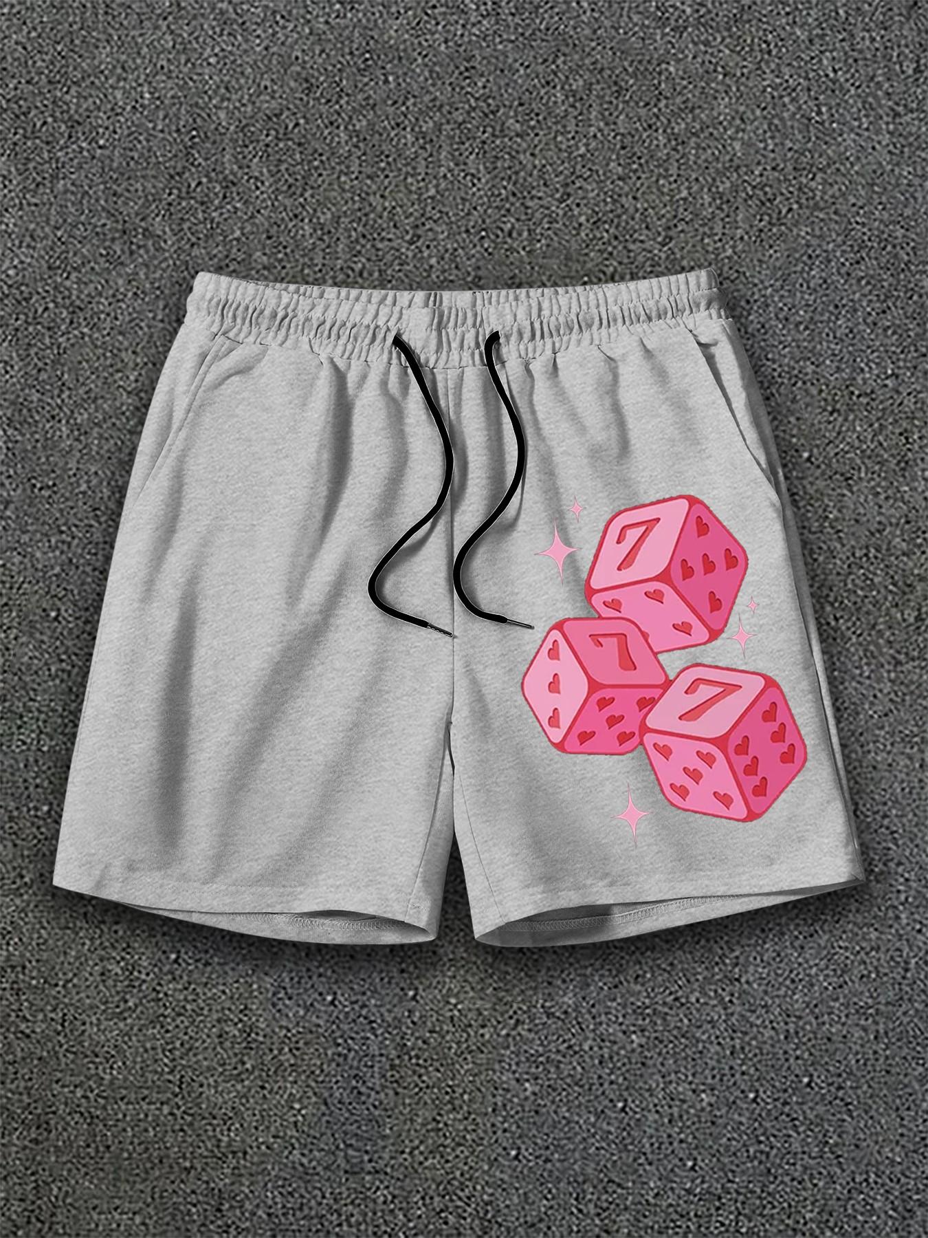 Men's Hip Hop Vintage Sweat Shorts, Pink Lucky Dice Pattern & Comfortable Loose Fit for Street Fashion and Music Festivals