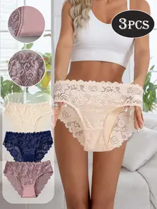 3-Pack Mid-Waist Lace Underwear, Wave Trim Hip Accent, Soft Stretch Comfort, Invisible Seamless for Skirts, Sexy Slim Fit