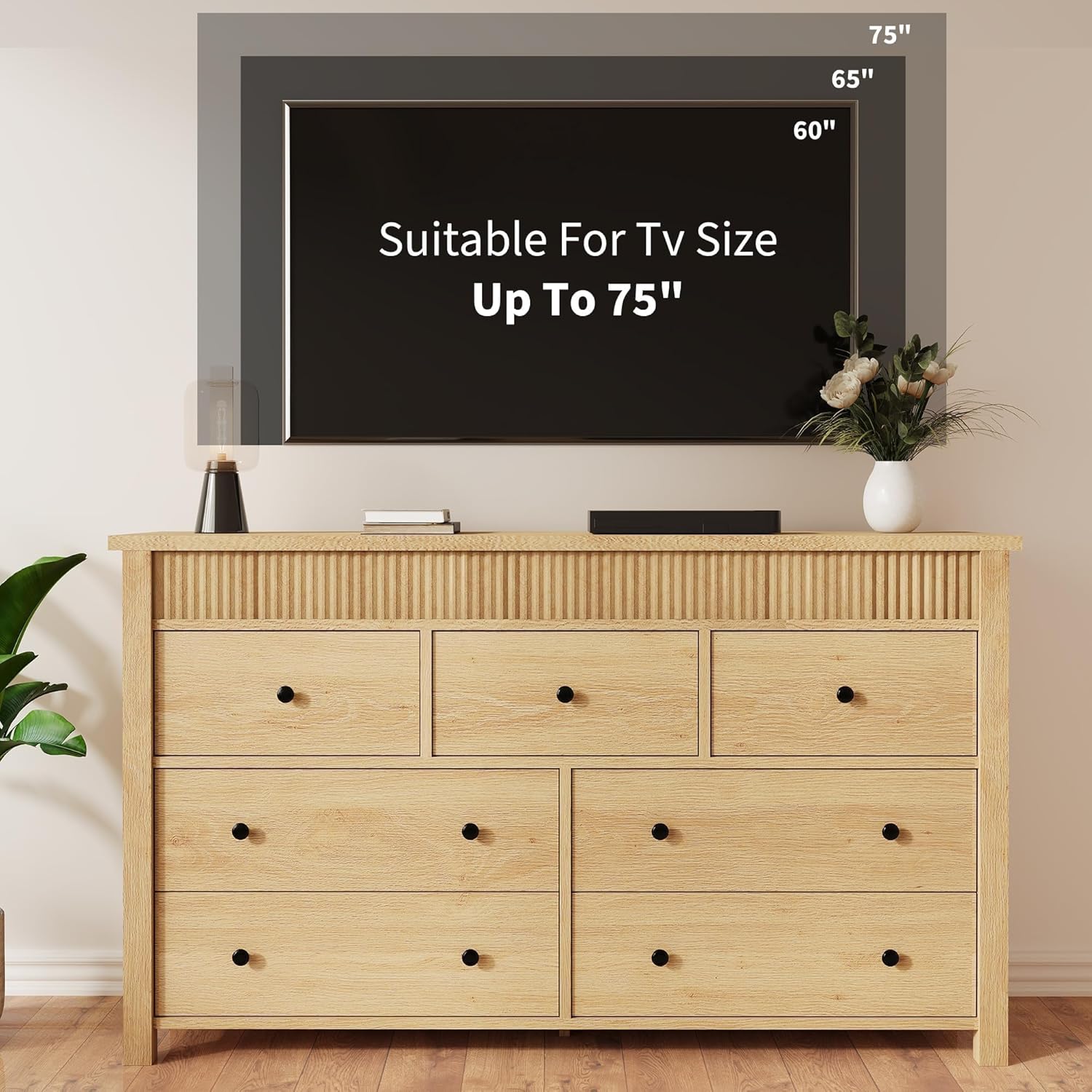 7-Drawer Dresser for Bedroom, Wooden Chest of Drawers, Fluted TV Stand, Storage Organizer for Living Room, Hallway and Entryway, Natural Oak