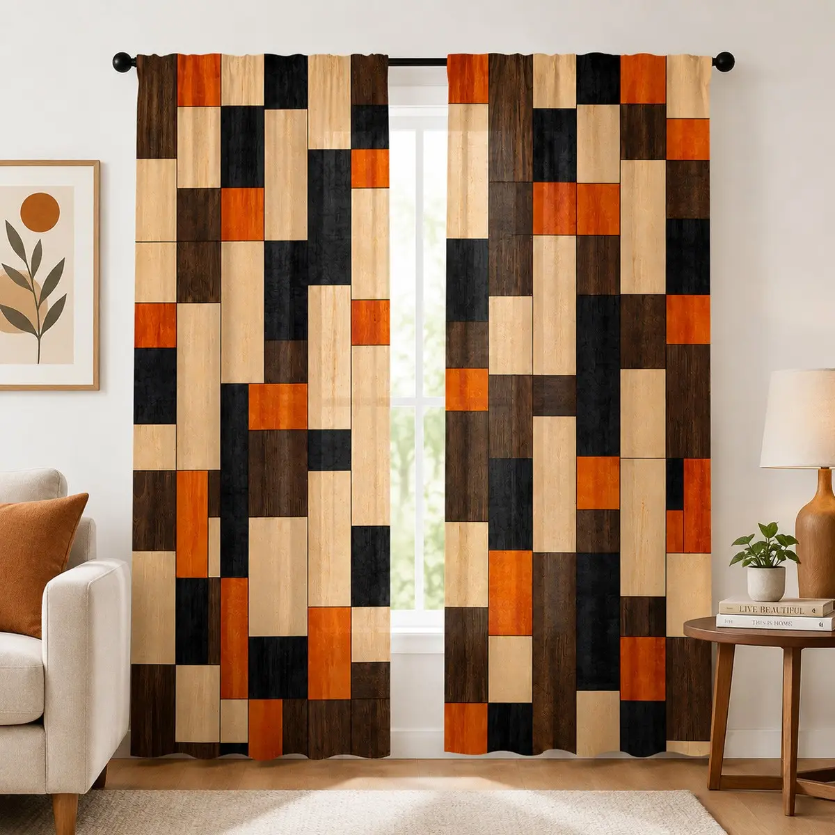 2pcs Retro wood-grain patchwork semi-blackout curtains featuring an American-style geometric color-block design; rod-pocket installation; made of polyester; suitable for bedrooms, kitchens, home offices, and more.